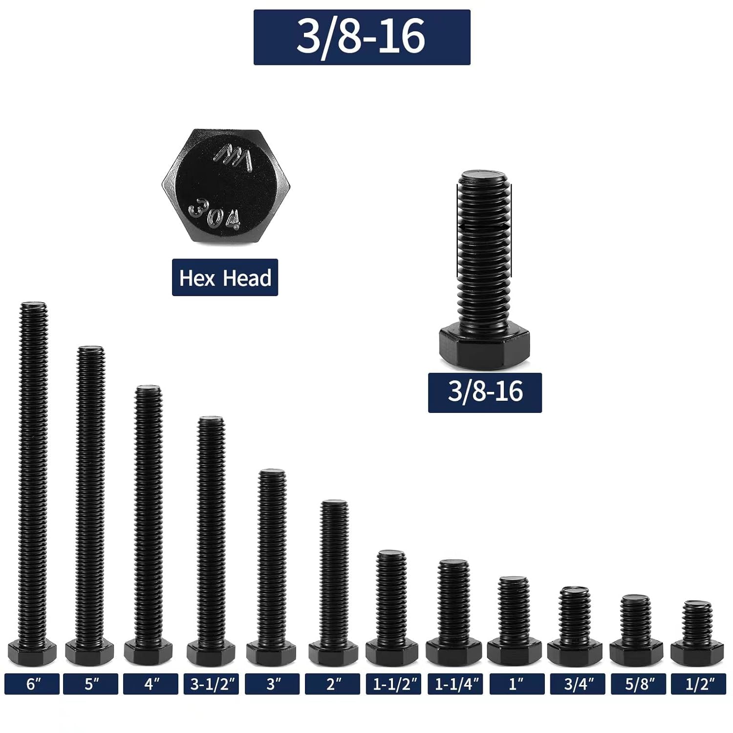 Tornillo de cabeza hexagonal de 38-16 x 3 pulgadas, 20 piezas de acero inoxidable 18-8 (304), totalmente roscado, óxido negro por SG TZH