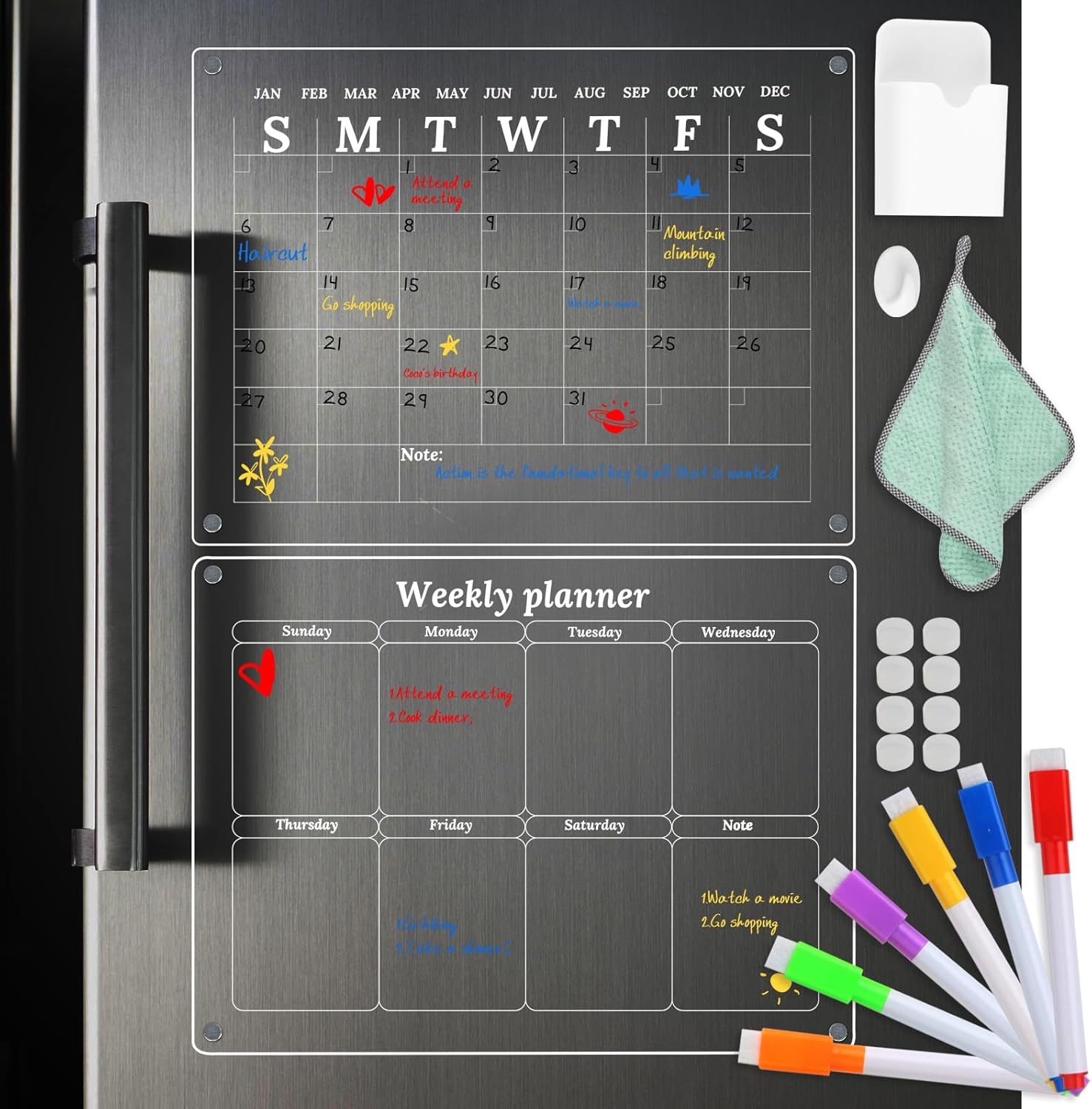Calendario magnético para nevera, calendario de borrado en seco para refrigerador, paquete de 2 unidades de 12 x 16 pulgadas, tableros de
