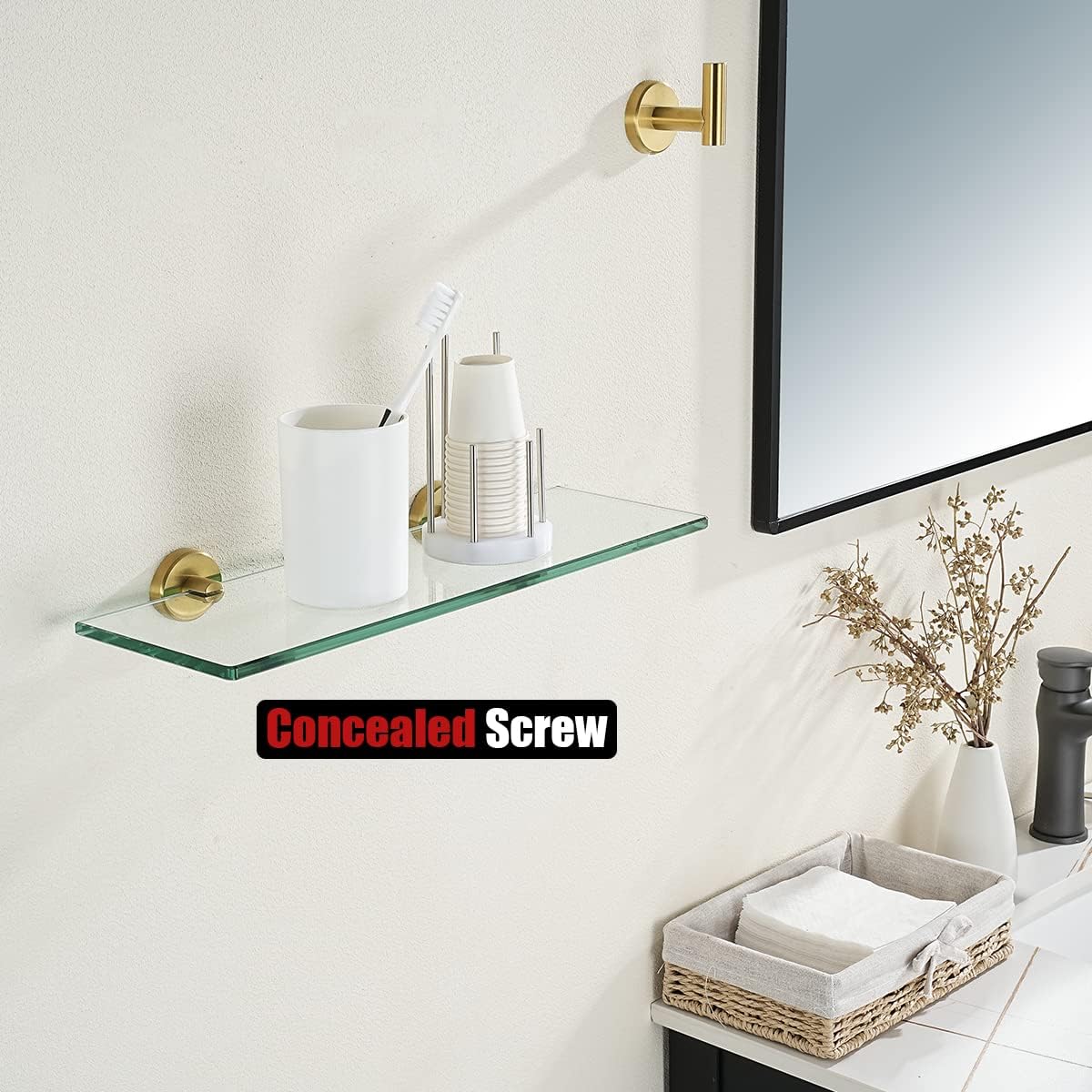 JQK Estante de vidrio para baño dorado, almacenamiento de ducha de vidrio templado de 16 x 5 pulgadas, soporte de pared dorado cepillado de acero