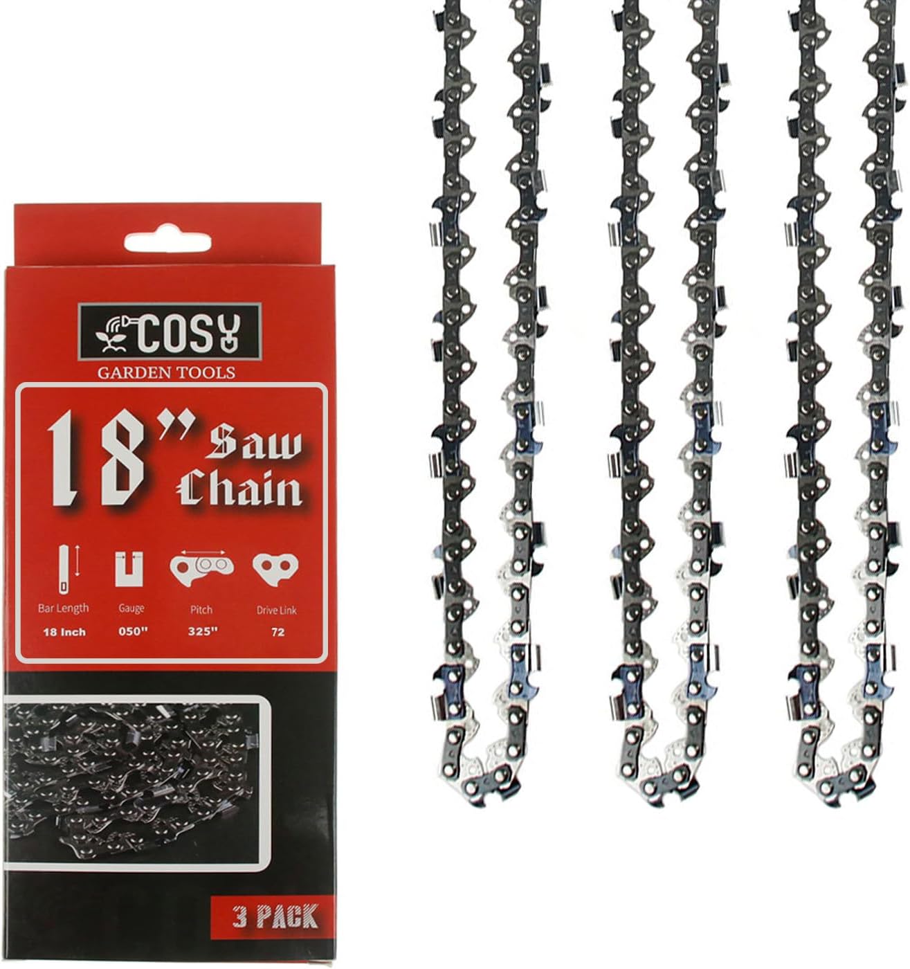 Paquete de 3 cadenas de motosierra de 18 pulgadas, 72 eslabones de transmisión, hoja de motosierra de baja resistencia calibre .050 pulgadas, paso