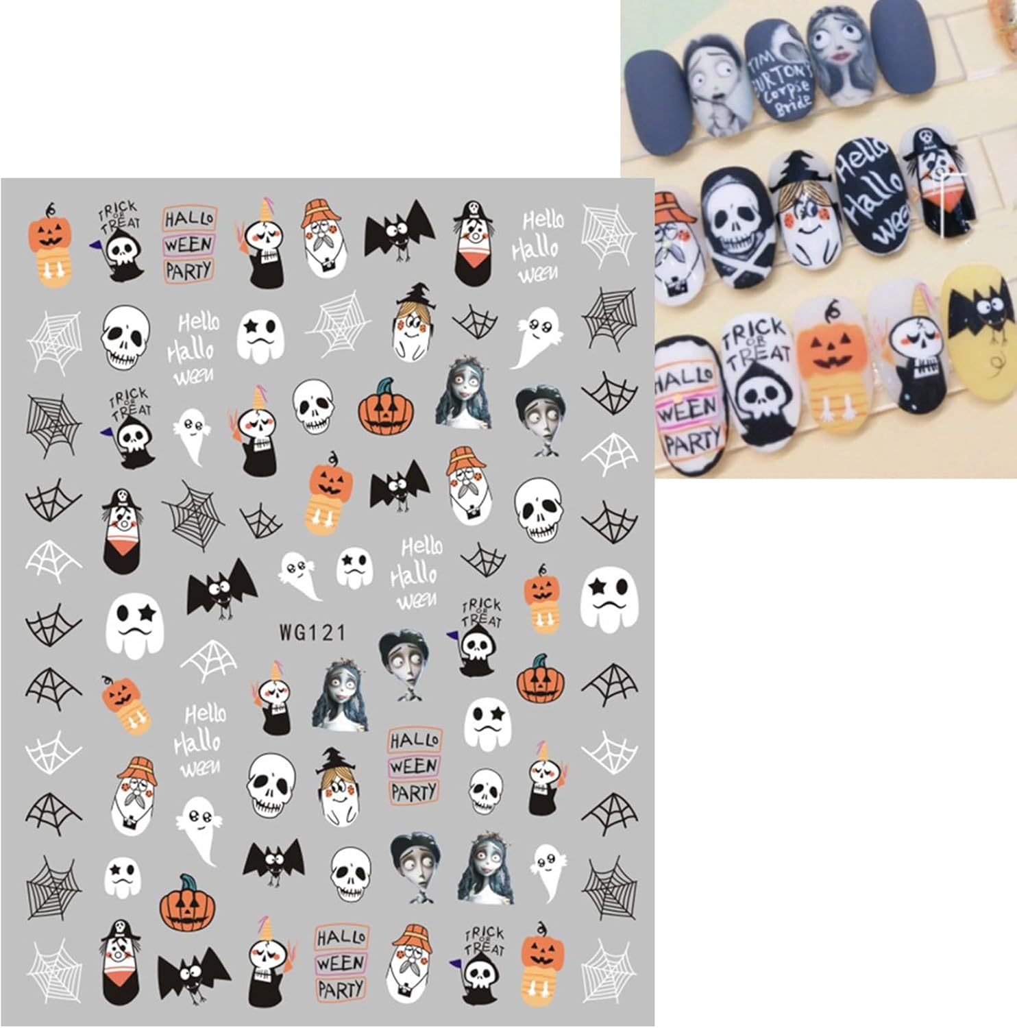 JMEOWIO 12 hojas de calcomanías de arte de uñas de Halloween, calcomanías autoadhesivas, uñas lindas de calavera fantasma, fantasma, suministros de