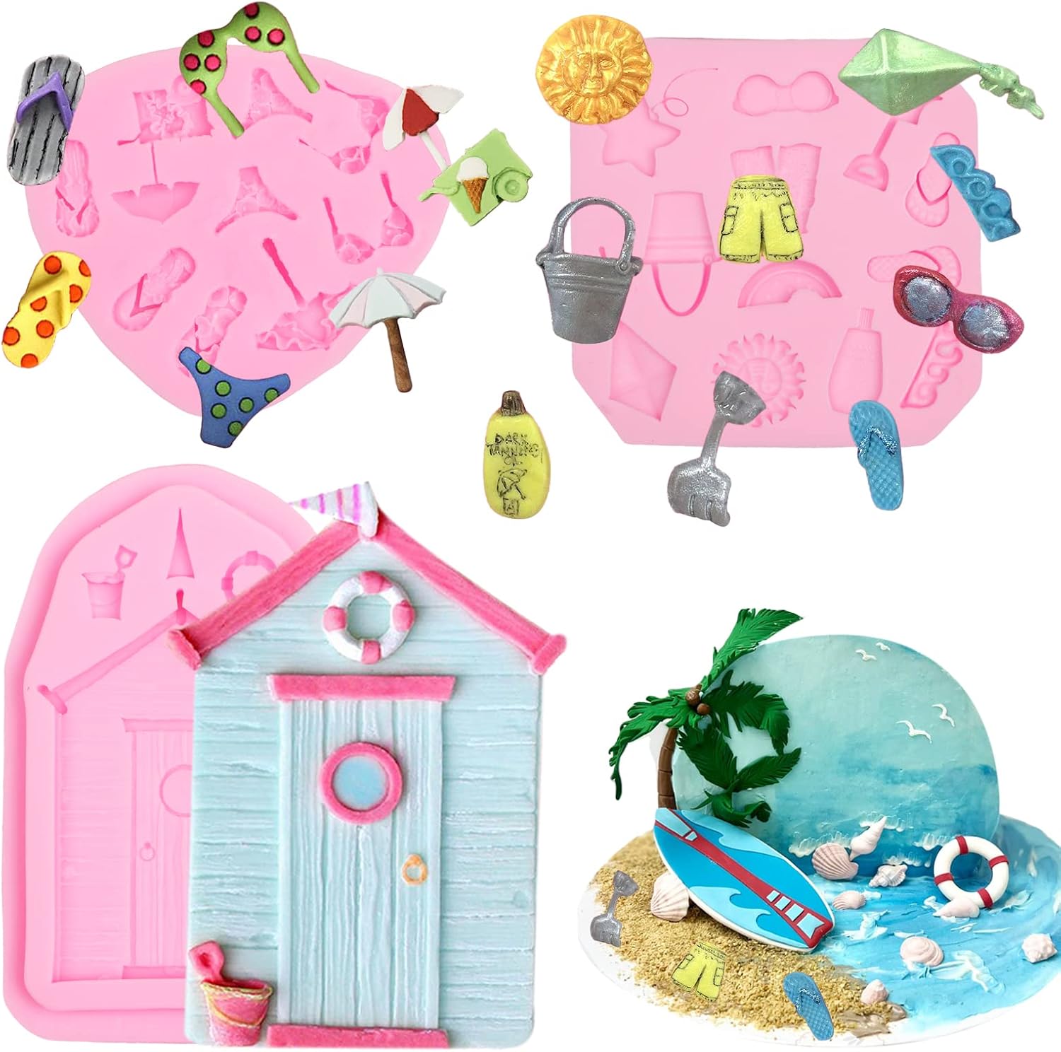 Moldes de silicona de verano para cabaña de playa, moldes para fondant, moldes de chocolate para fiesta temática de Hawaii, moldes para hornear