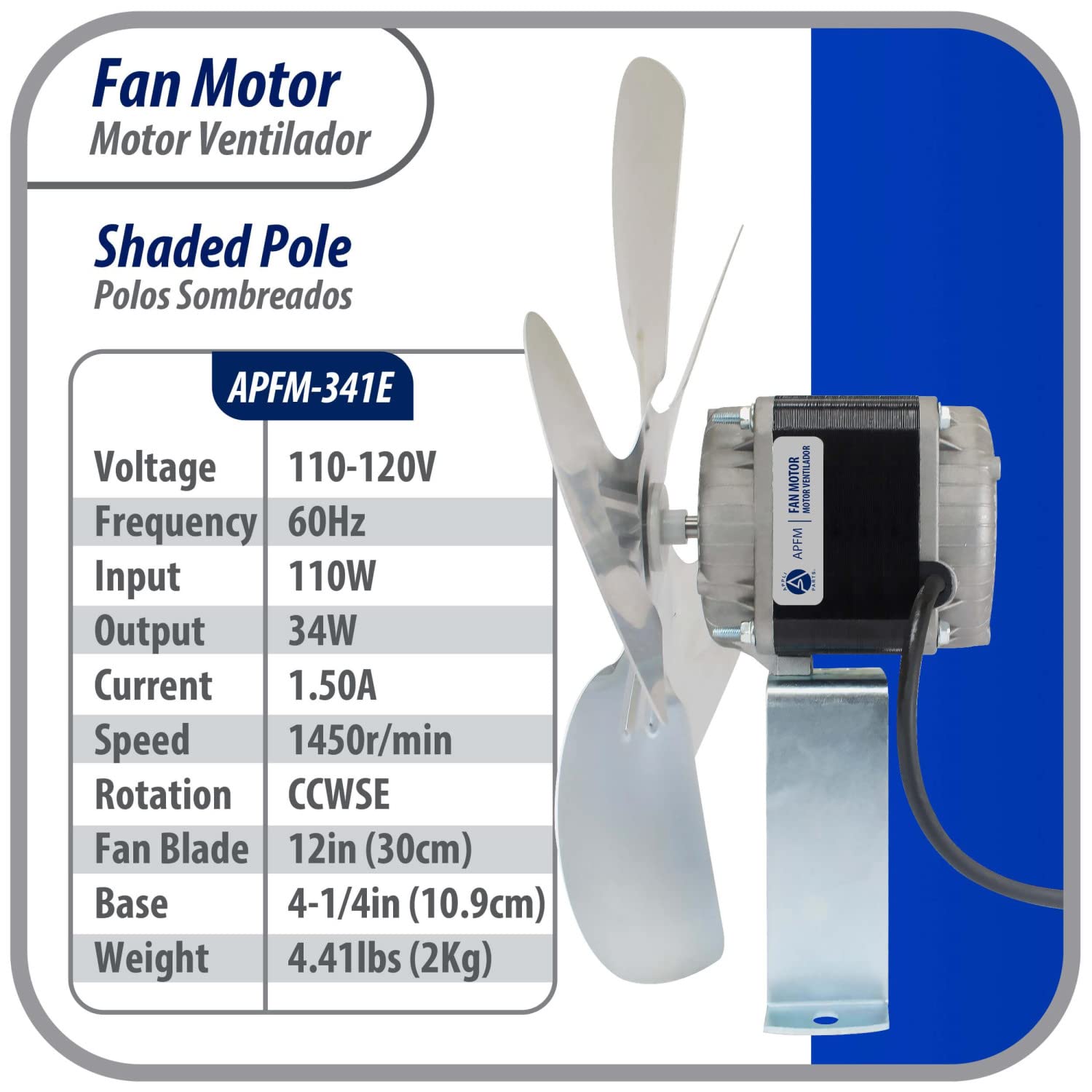 Appli Parts APFM-341E – Motor de condensador y evaporador de refrigeración de 34 W, 115 V, 60 Hz, 1,5 A, 1450 rpm, incluye base y ventilador de