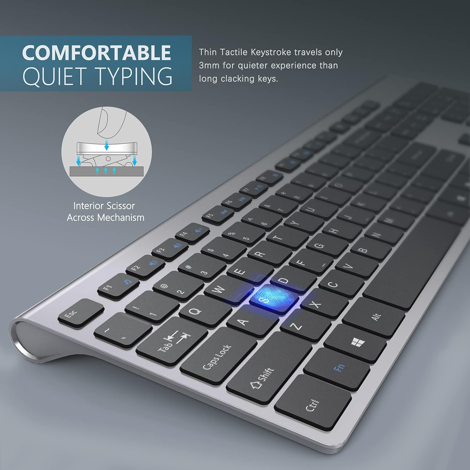 J JOYACCESS – Teclado inalámbrico recargable de tamaño completo de 2.4 G con batería de larga duración, diseño ergonómico y compacto para laptop,