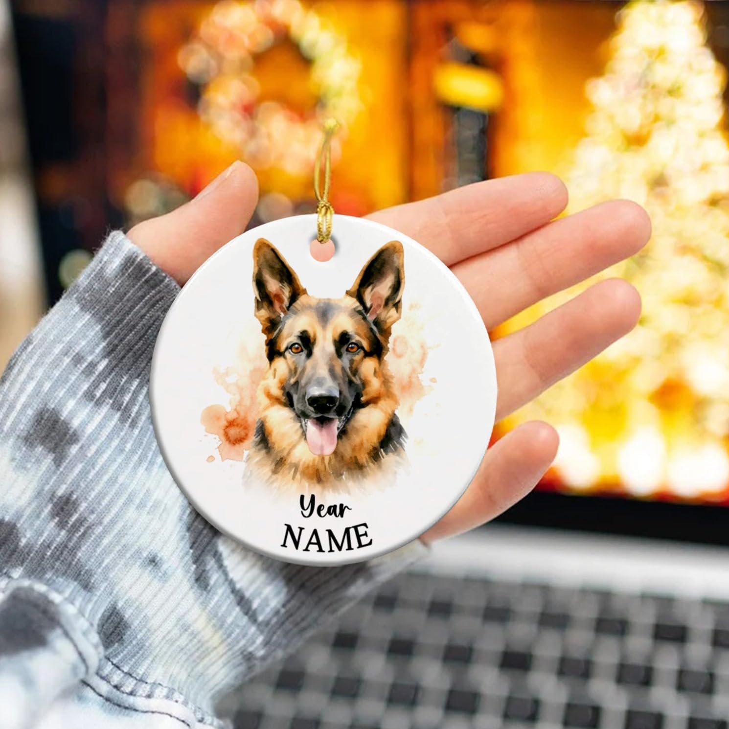 Adorno personalizado de cerámica para perro pastor alemán, adorno de árbol de Navidad personalizado para perro con nombre y año, adorno de cerámica
