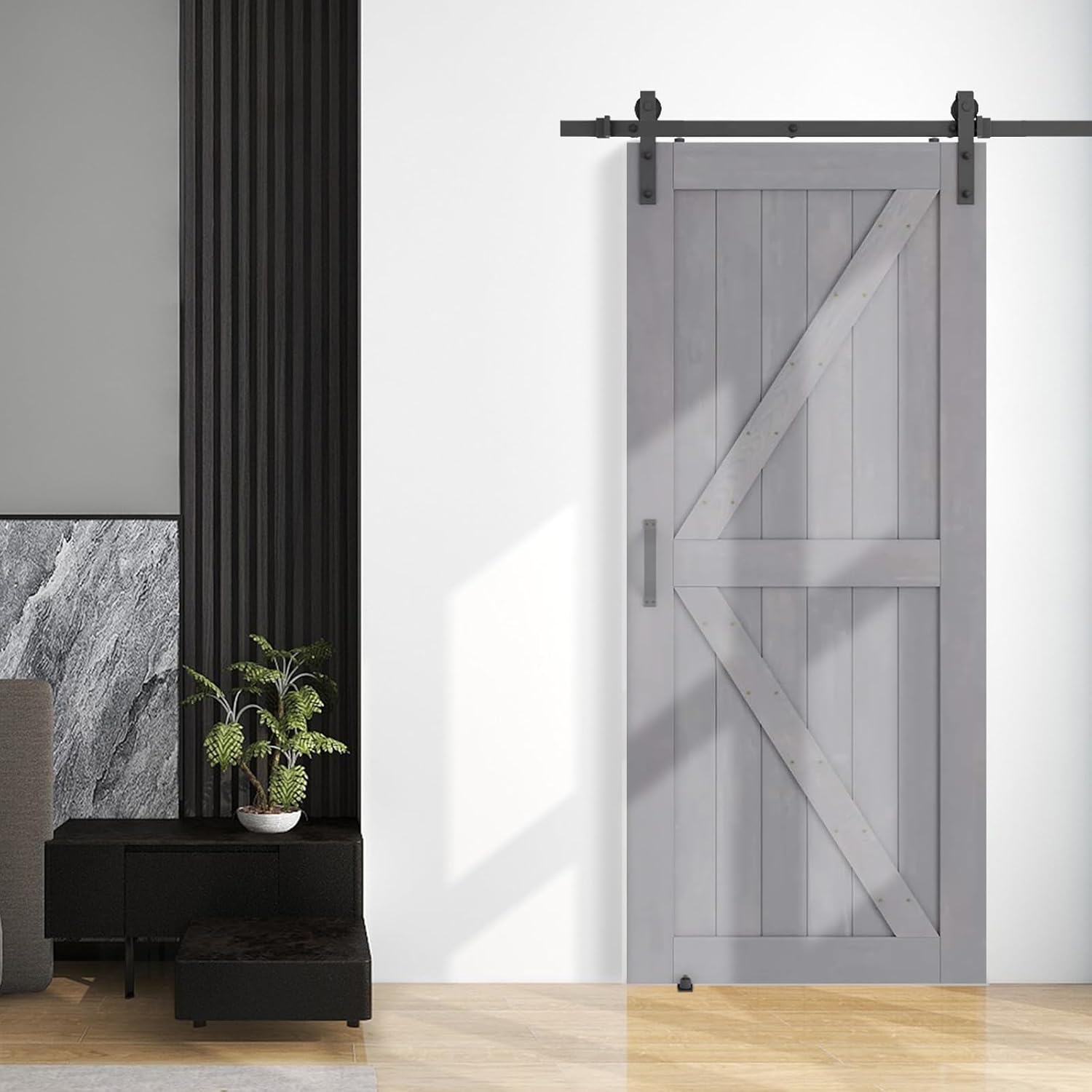Pipleo – Puerta de granero de 303642 x 84 pulgadas con kit de herrajes para puerta de granero y asa, guía de suelo incluida, puerta corredera sin