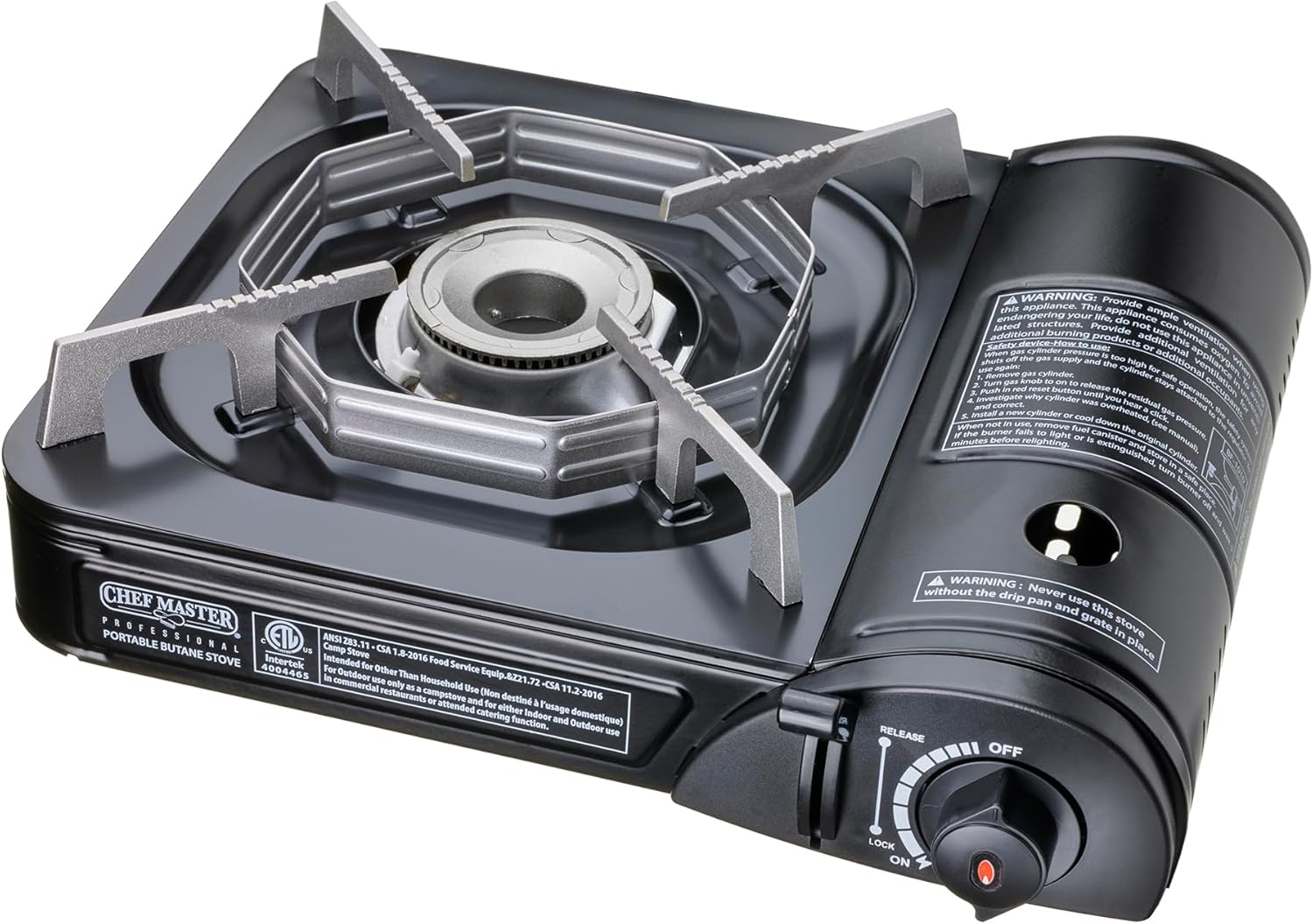 Chef Master 90027 Estufa de butano portátil con 4 latas de combustible de butano  Estufa de gas portátil con funda de transporte resistente  No