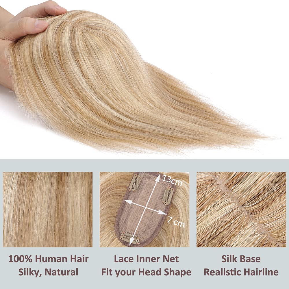 Hairro Extensiones de cabello humano con flequillo, extensiones de cabello virgen Remy con clip para mujer, base de seda de 2.8 x 5.1 pulgadas para