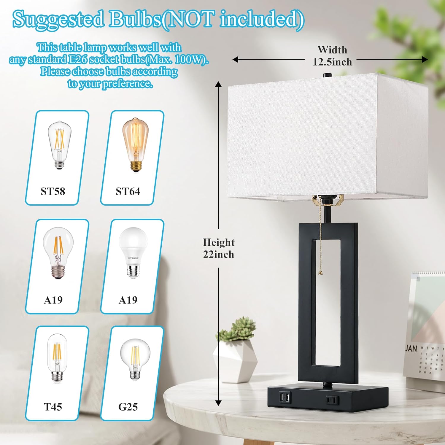 IBBIBABO Juego de 2 lámparas de mesa industriales con 2 puertos USB y salida de CA, lámparas negras de 22.5 pulgadas, lámparas blancas modernas para