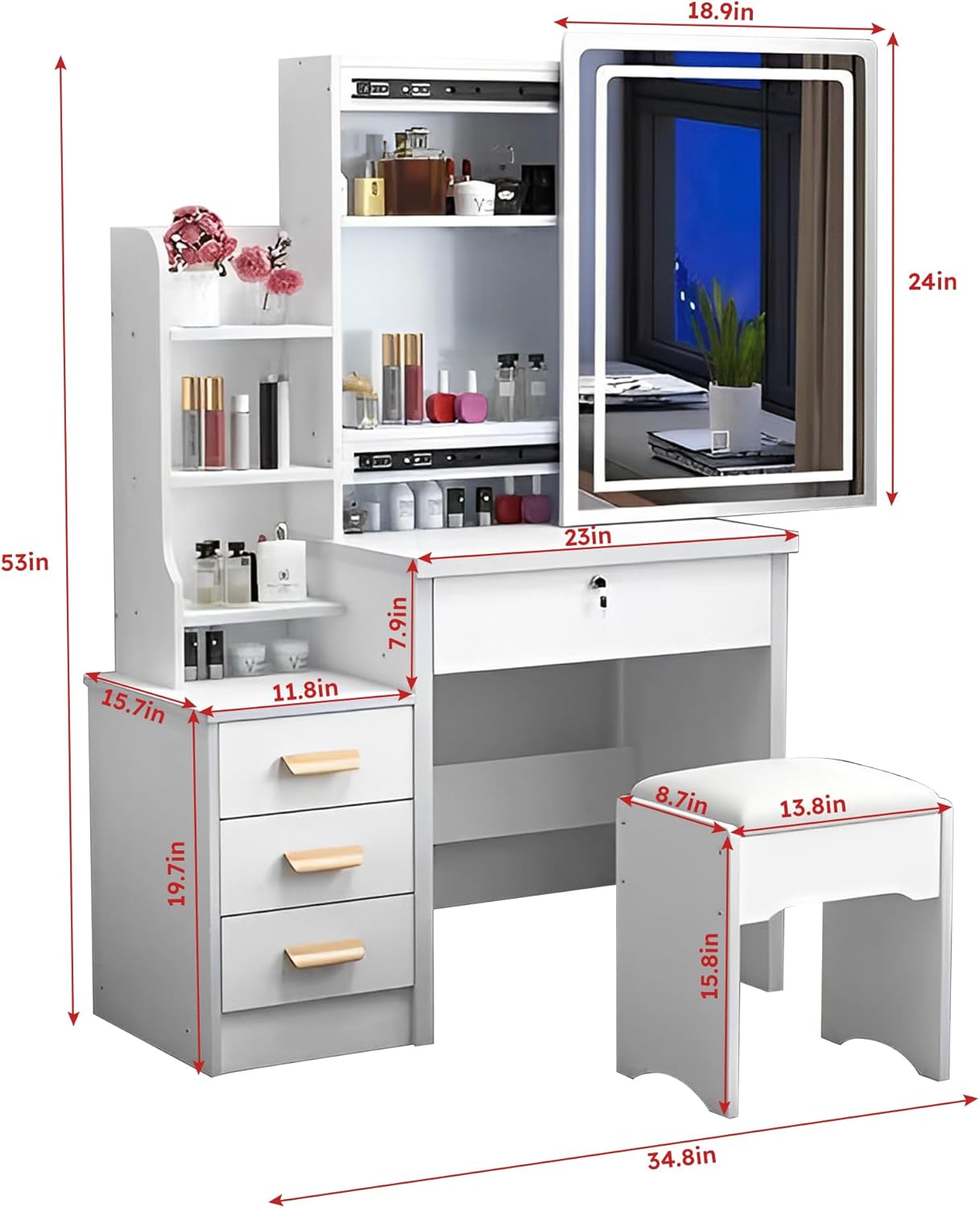 Escritorio de tocador de maquillaje con espejo y luces, espejo deslizante y cajones, estantes y taburetes de almacenamiento, brillo ajustable, 3