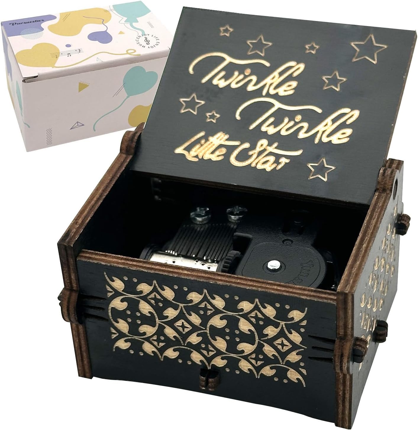 Pursuestar Caja de música de madera negra grabada con láser, regalo musical para niños, día de la madre, boda, San Valentín, Navidad, aniversario,