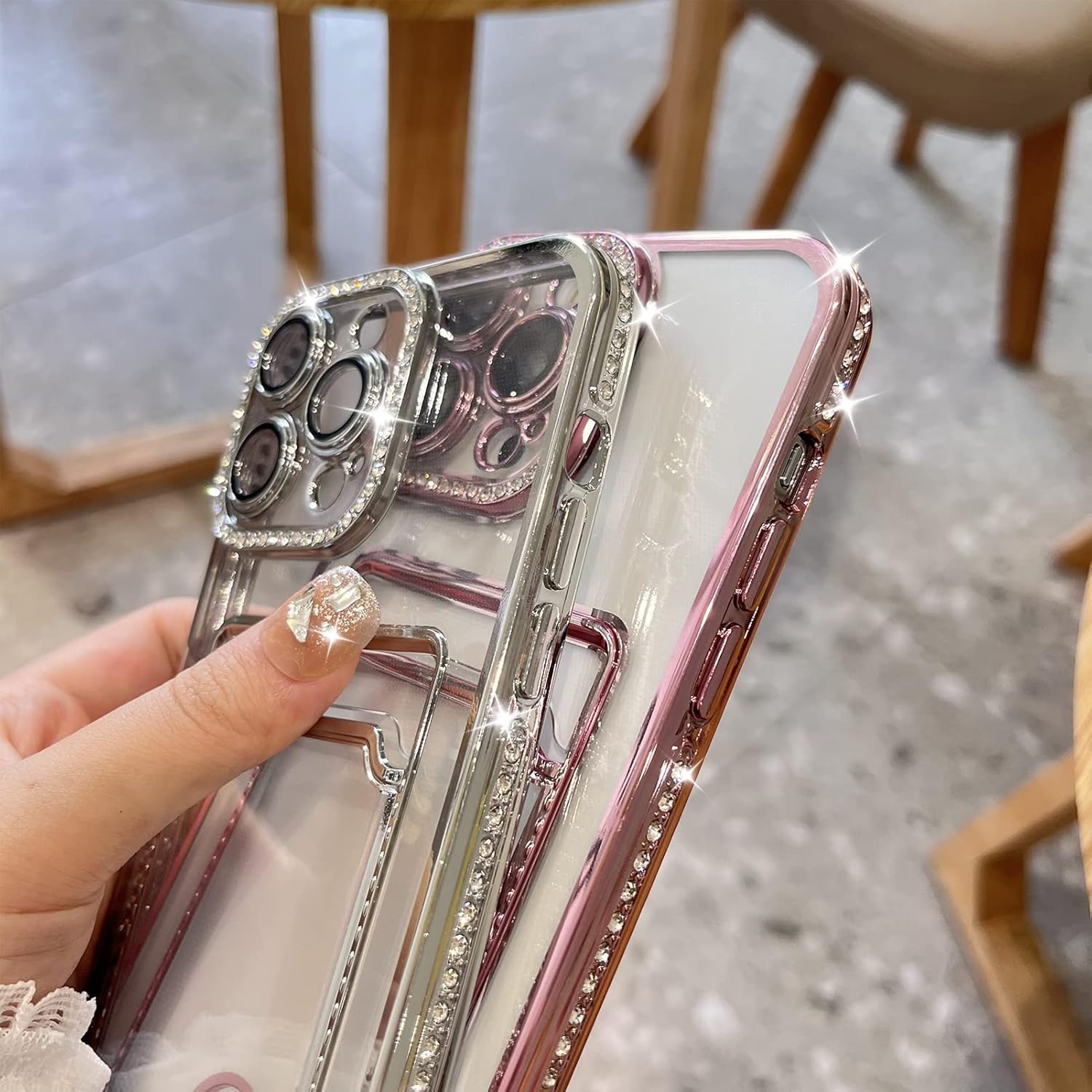 MZELQ Funda tipo cartera chapada para iPhone 13 Pro, tarjetero con diamantes con purpurina brillante, protección de la cámara, funda de lujo + 2