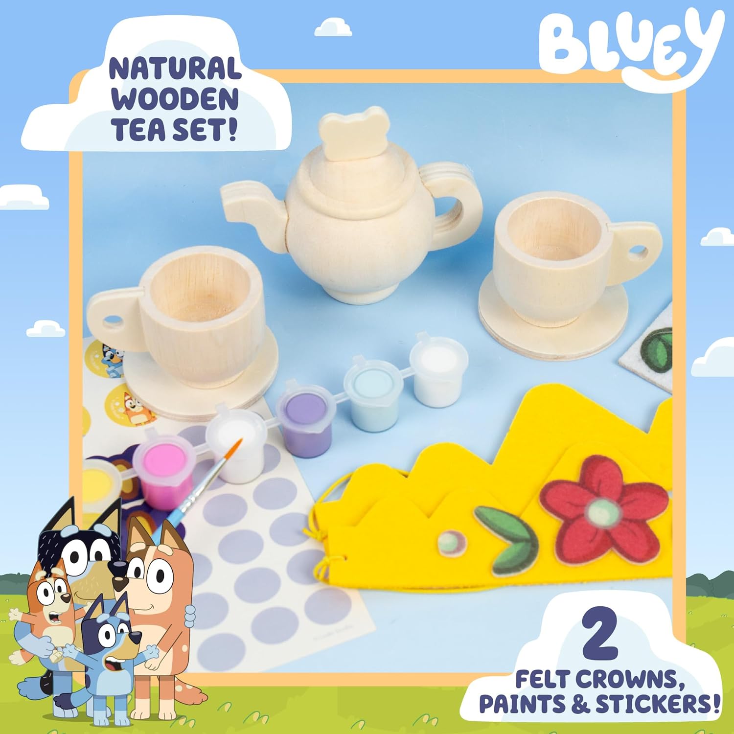 Bluey Paint & Play Tea Party, juego de té de madera de 6 piezas, personalizable con calcomanías de pintura y Bluey (idioma español no garantizado),