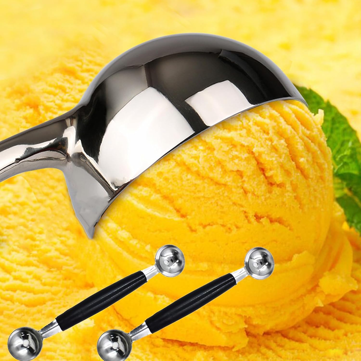 Paquete de 4 cucharas de bola de helado de fruta de doble extremo, bola de melón de acero inoxidable 430, bolas de melón redondas lisas para sandía,