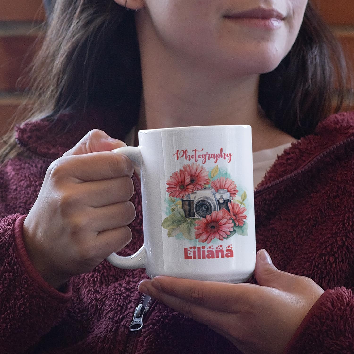 Taza de café personalizada para fotógrafo, cámara con flores de gerbera, taza de té personalizada con nombre, regalo para amantes de la fotografía,