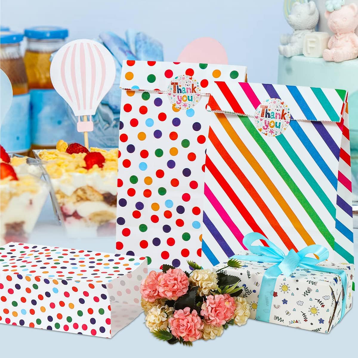 Vammy 30 bolsas de papel de regalo de arcoíris para fiestas, bolsas de regalo de papel kraft seguras para alimentos, bolsas de dulces con 36