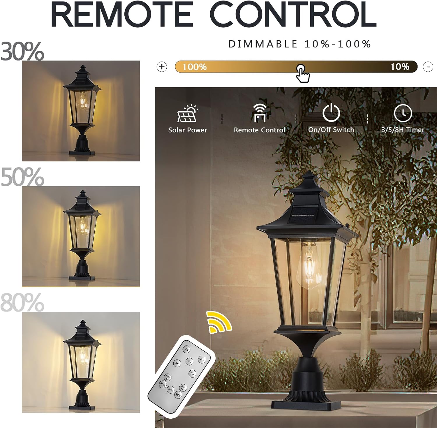 Emliviar Lámpara solar de granja de 22 pulgadas con montaje en muelle, luz de poste grande para patio exterior con control remoto, aluminio fundido