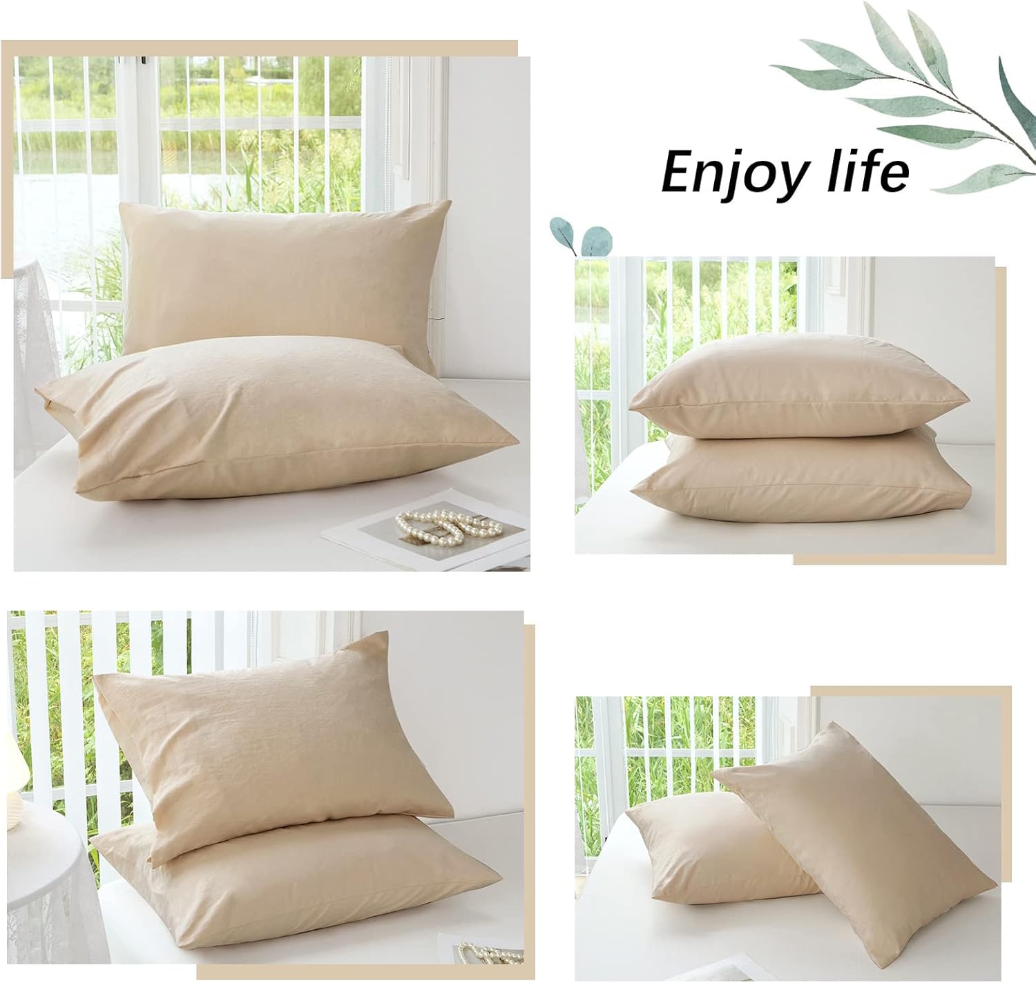 MILDLY Funda de almohada súper suave tamaño Queen  Fundas de almohada ligeras de microfibra lavada de 20 x 30 pulgadas, color caqui claro, 2