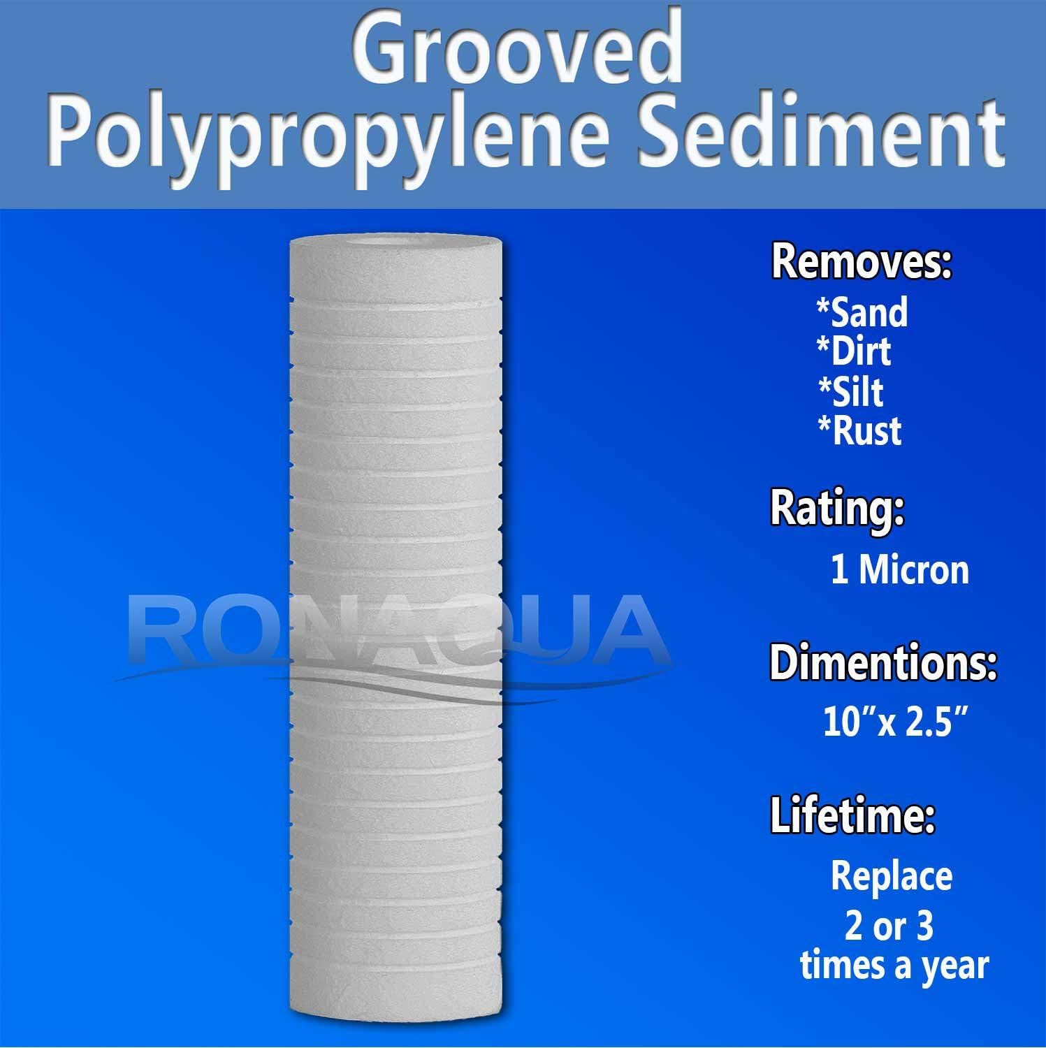 6 Grooved 1 Micron Sediment Water Filter Cartridges 10″x 2.5″, Four Layers of Filtration, Removes Sand, Dirt, Silt, Rust, made from Polypropylene