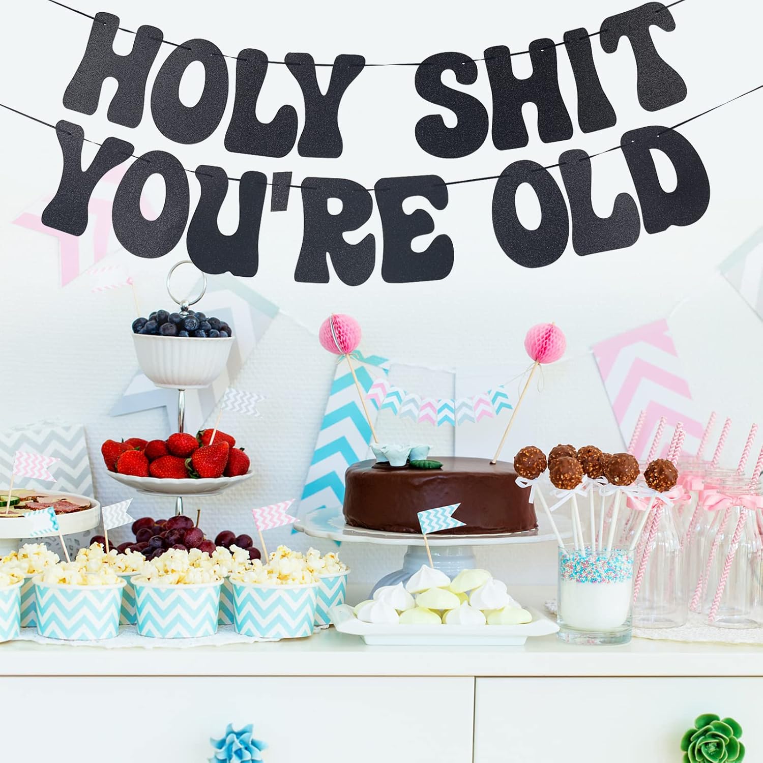 Decoraciones de cumpleaños número 30 para hombres y mujeres, pancarta de Holy Shit You’re 30, pancarta negra con purpurina para cumpleaños 30,