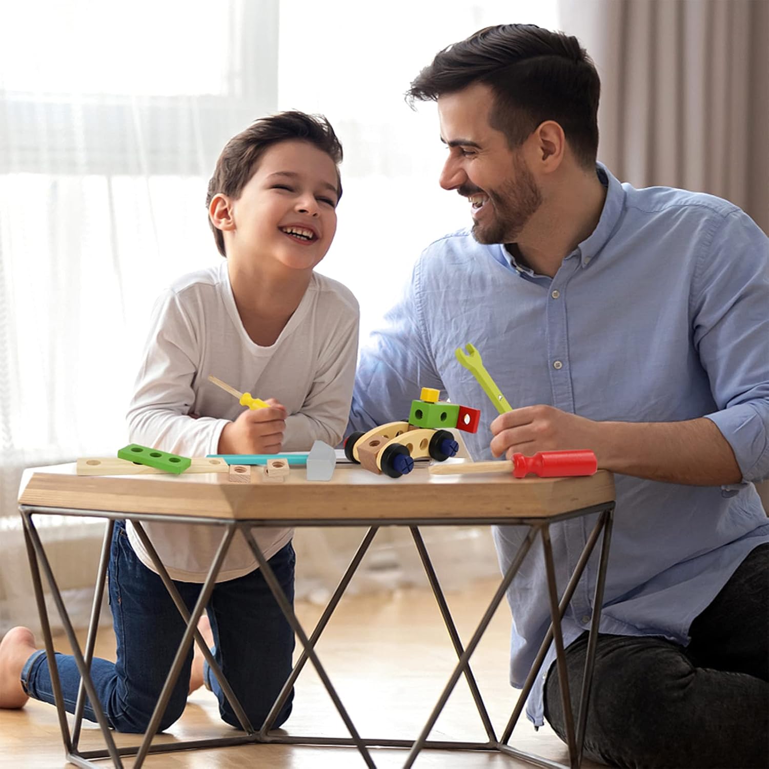 Aomola Kit de herramientas para niños, juego de herramientas de madera con herramientas coloridas, juguetes de simulación, regalos para niños