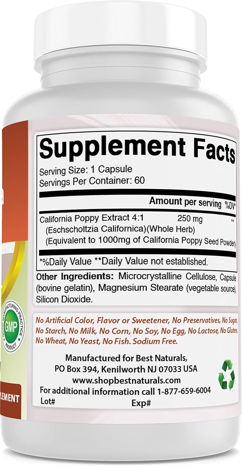 Best Naturals California Poppy 1000 mg Equivalente – 60 Cápsulas