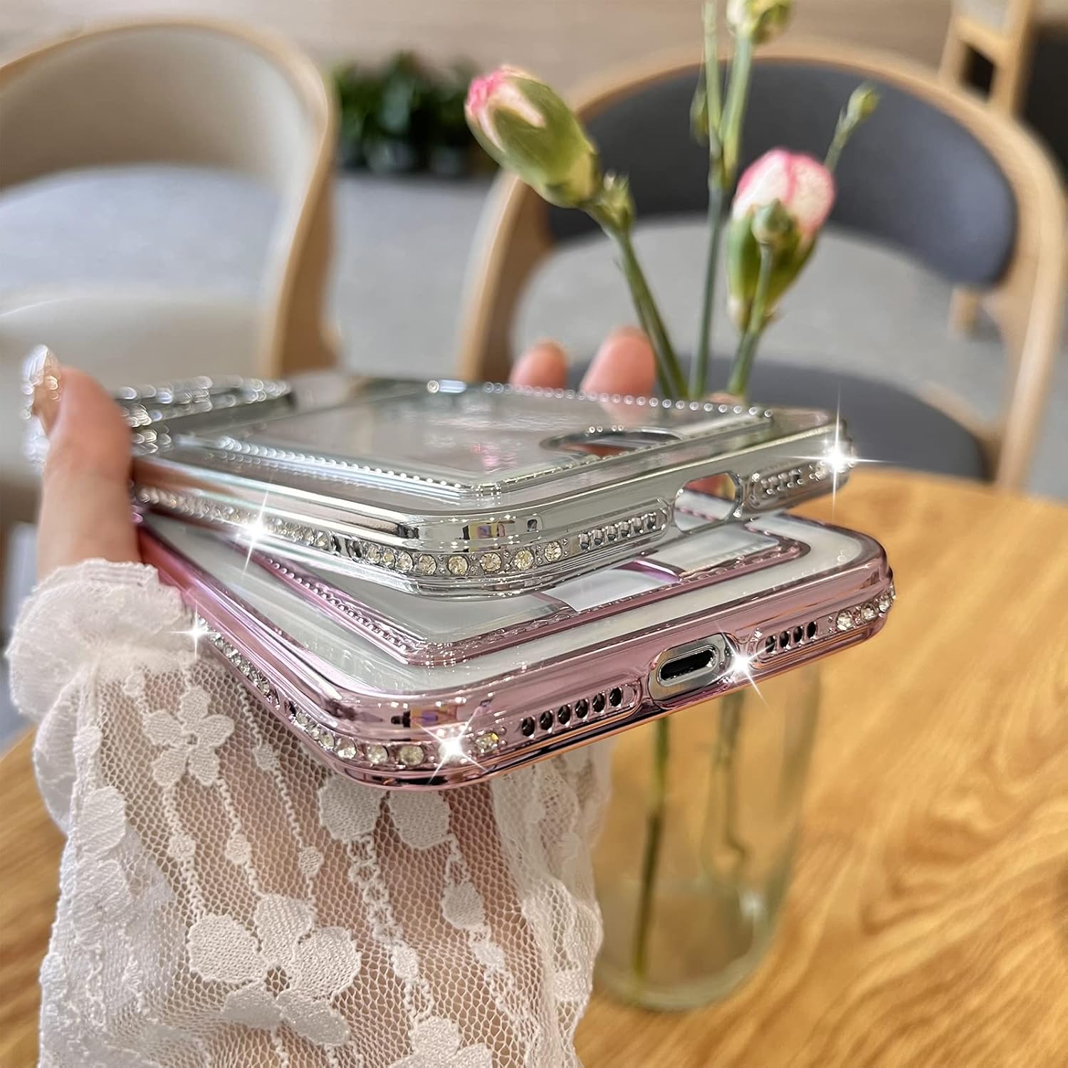 MZELQ Funda tipo cartera chapada para iPhone 13 Pro, tarjetero con diamantes con purpurina brillante, protección de la cámara, funda de lujo + 2