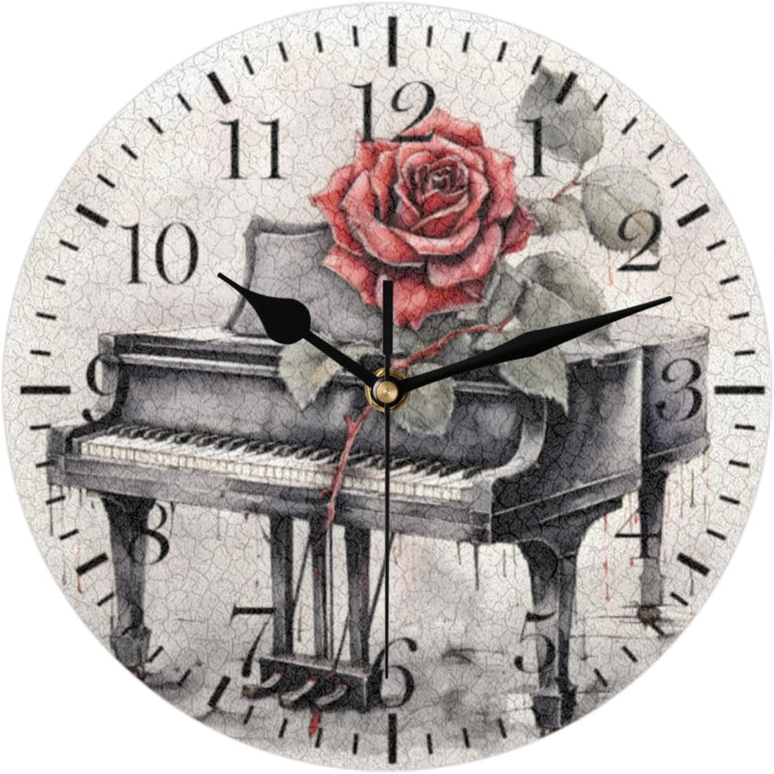 Reloj de pared de piano vintage, silencioso sin tictac, música de rosas, reloj analógico, funciona con pilas, decorativo para sala de estar,