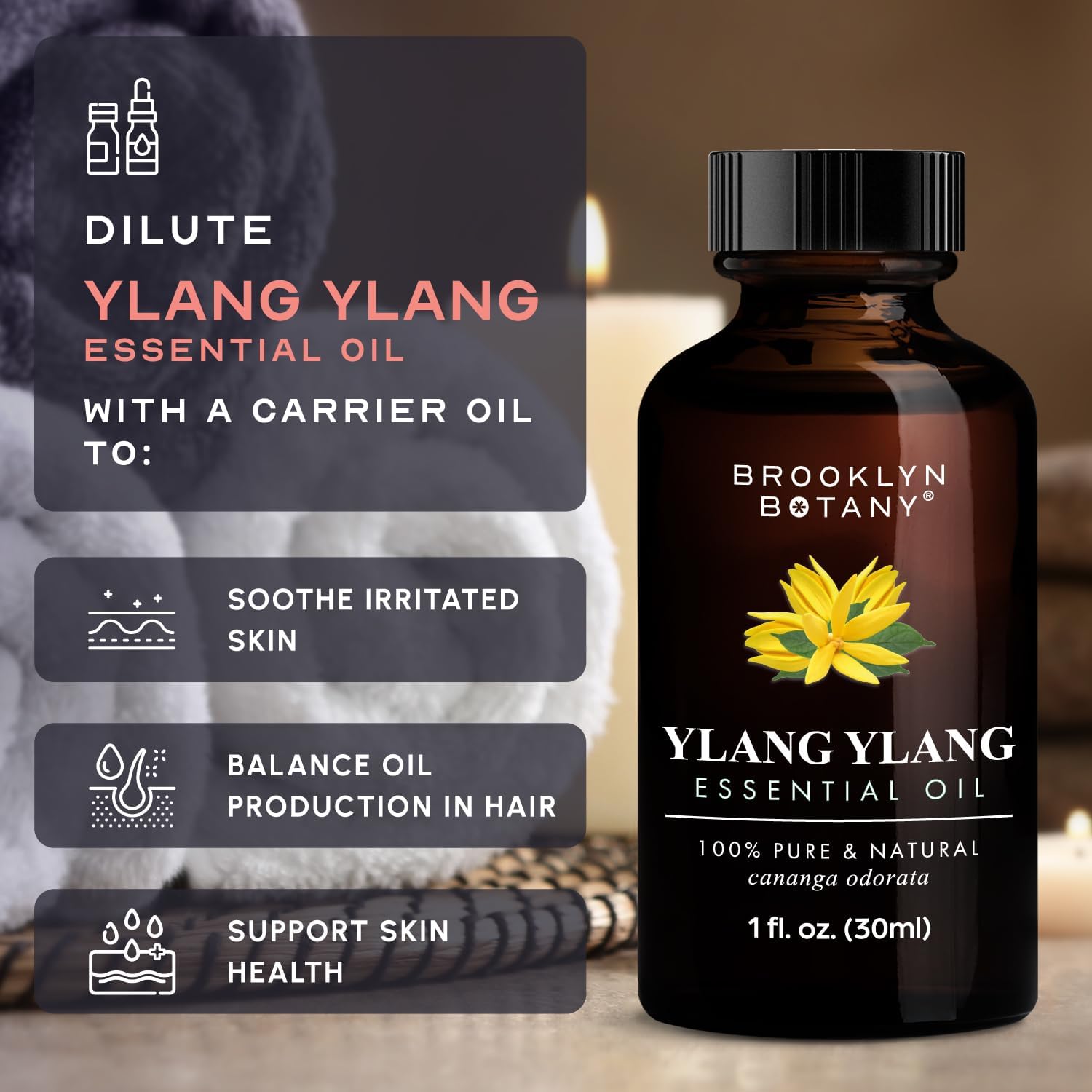 Brooklyn Botany Aceite esencial Ylang Ylang  100% puro y natural  Aceite esencial de grado terapéutico con cuentagotas  Aceite de ylang Ylang para