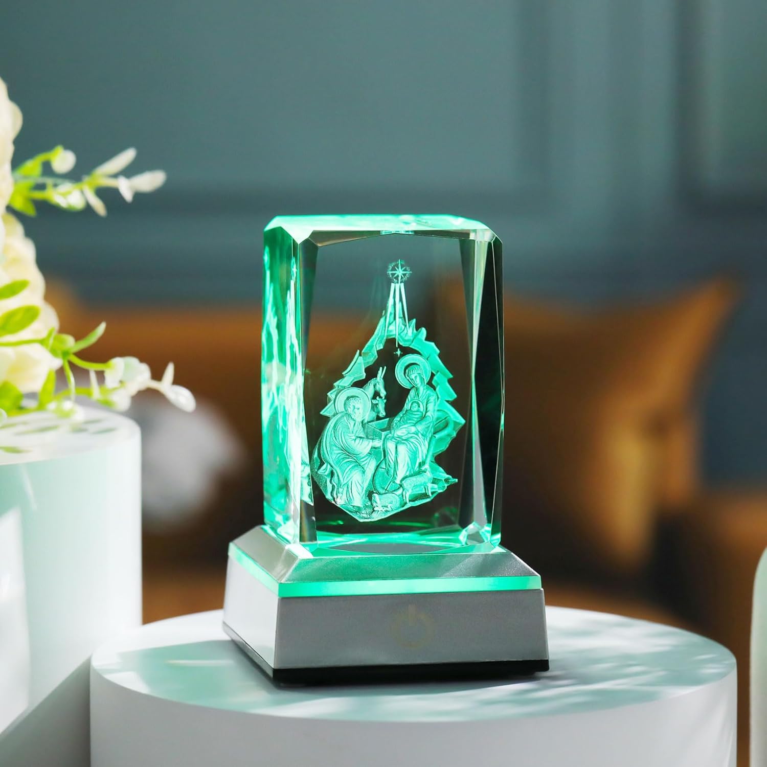 YWHL Figura de cristal 3D con base de luz colorida, estatua de nacimiento del bebé Jesús grabada con láser, regalos religiosos de Navidad,