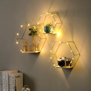 Gold Metal Wire and Wooden Hexagon Floating Shelves Wall Decor, Decorations for Home Shop Bedroom Living Room Bathroom, Set of 3 with LED Lights Gold Metal Wire and Wooden Hexagon Floating Shelves Wall Decor, Decorations for Home Shop Bedroom Living Room Bathroom, Set of 3 with LED Lights