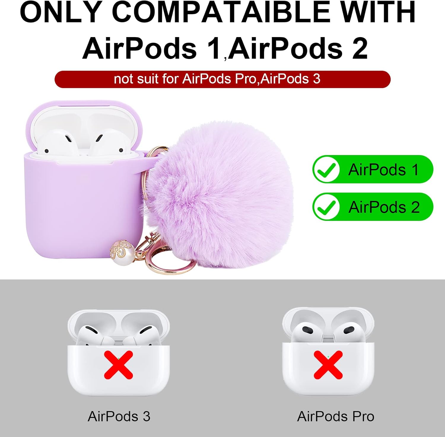 Bonita funda morada para mujer, bonita funda diseñada para AirPods con pompones, funda protectora de silicona compatible con AirPods 12, accesorios