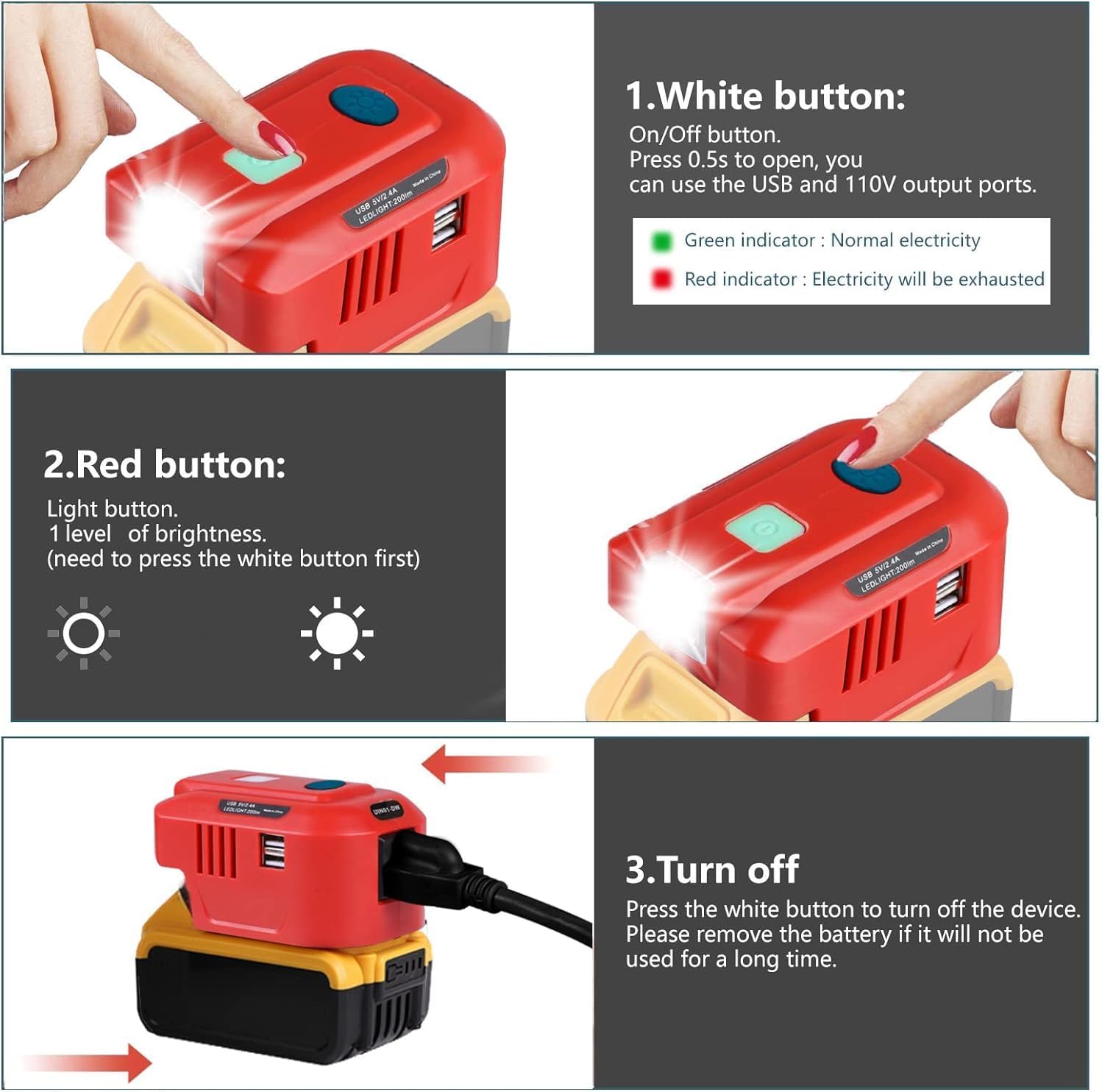 Adaptador de cargador USB Dewalt, para Dewalt inversor alimentado por 150 W, convertidor de 18 V CC a CA 110 V 120 V con luz LED