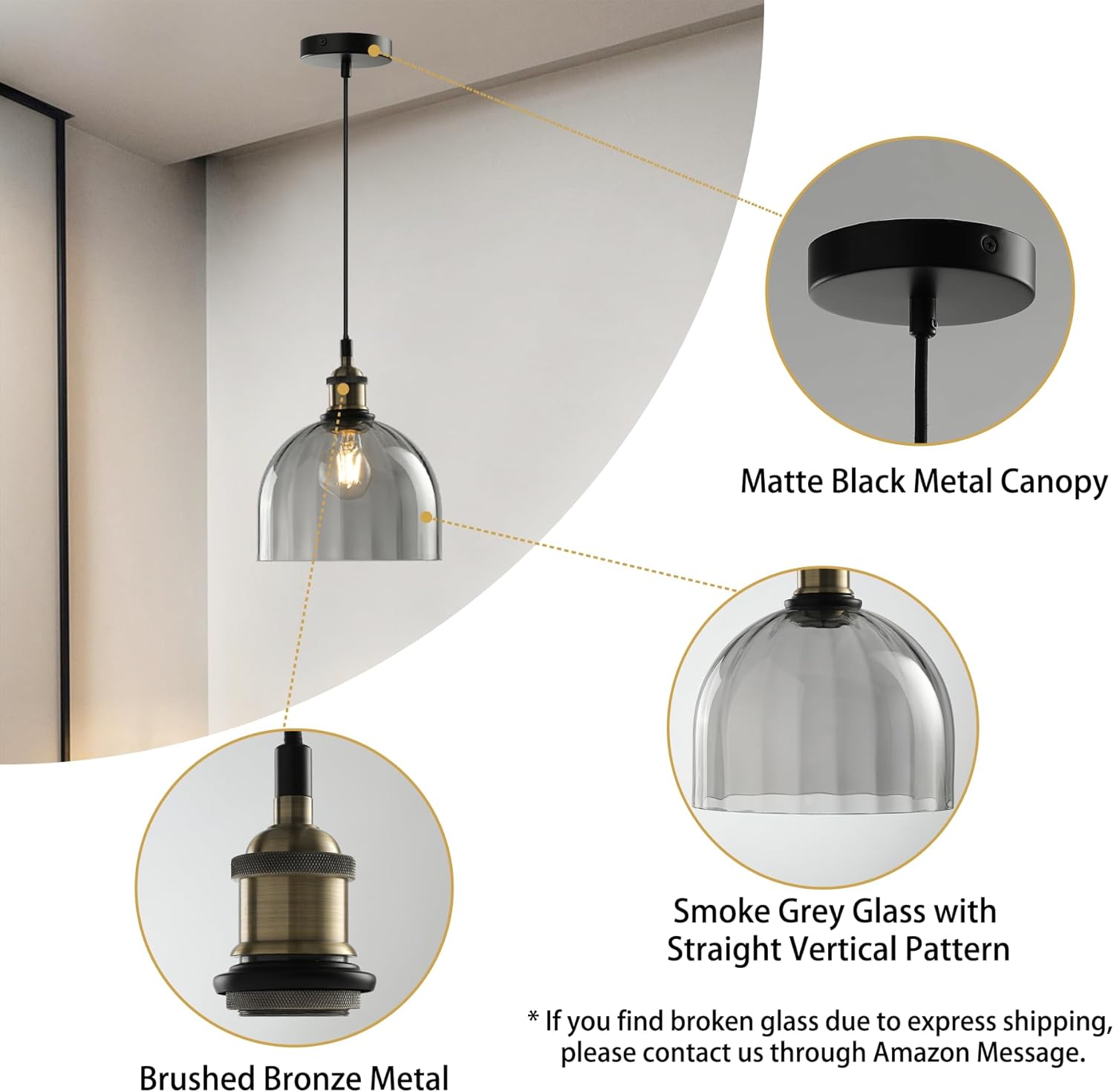 Luces colgantes modernas de color gris humo, accesorios de iluminación colgantes con acabado de bronce cepillado, luces colgantes para isla de