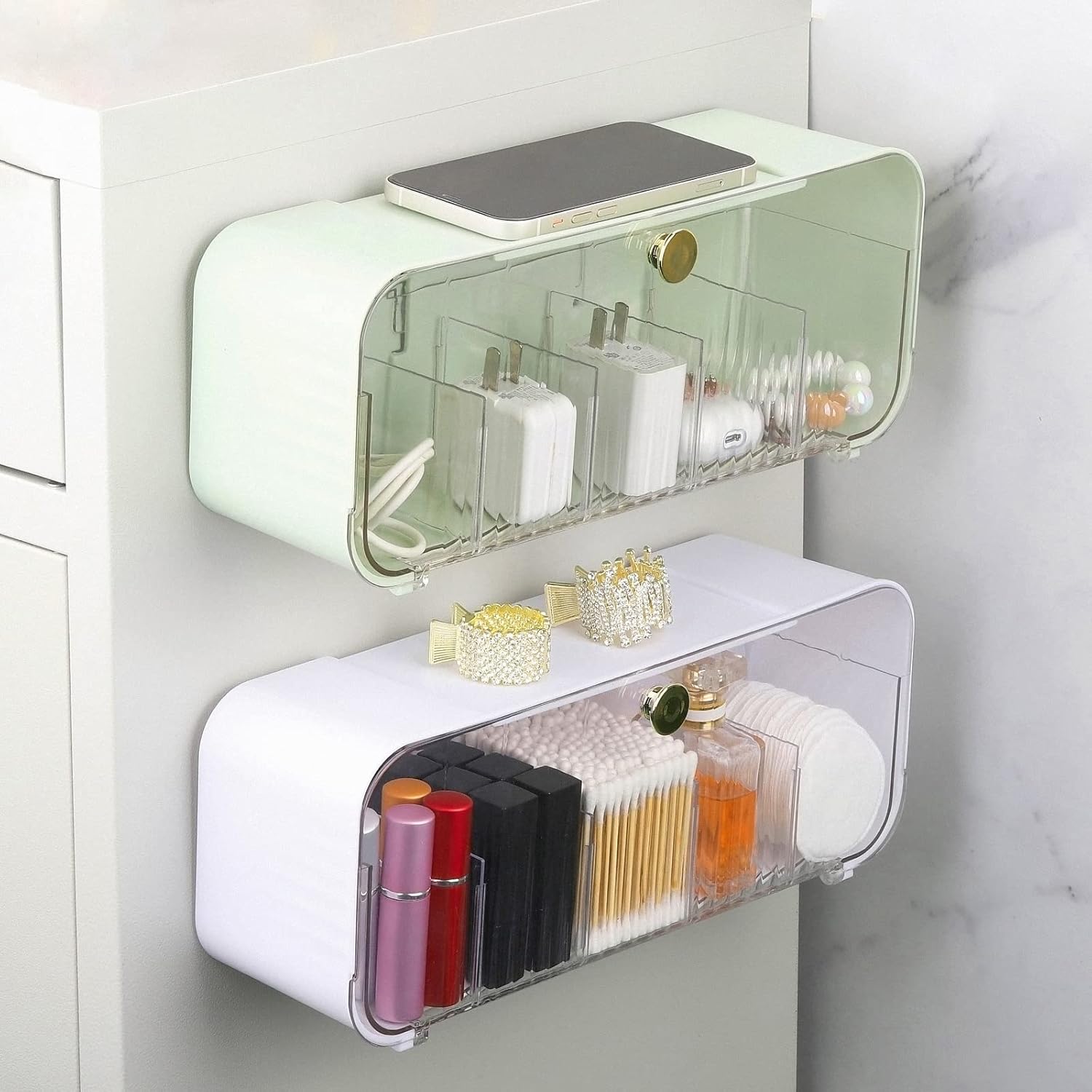 Tecbeauty Dispensador de soporte Qtip de 5 rejillas, organizador de bolas de algodón montado en la pared, caja de almacenamiento con 4 divisores