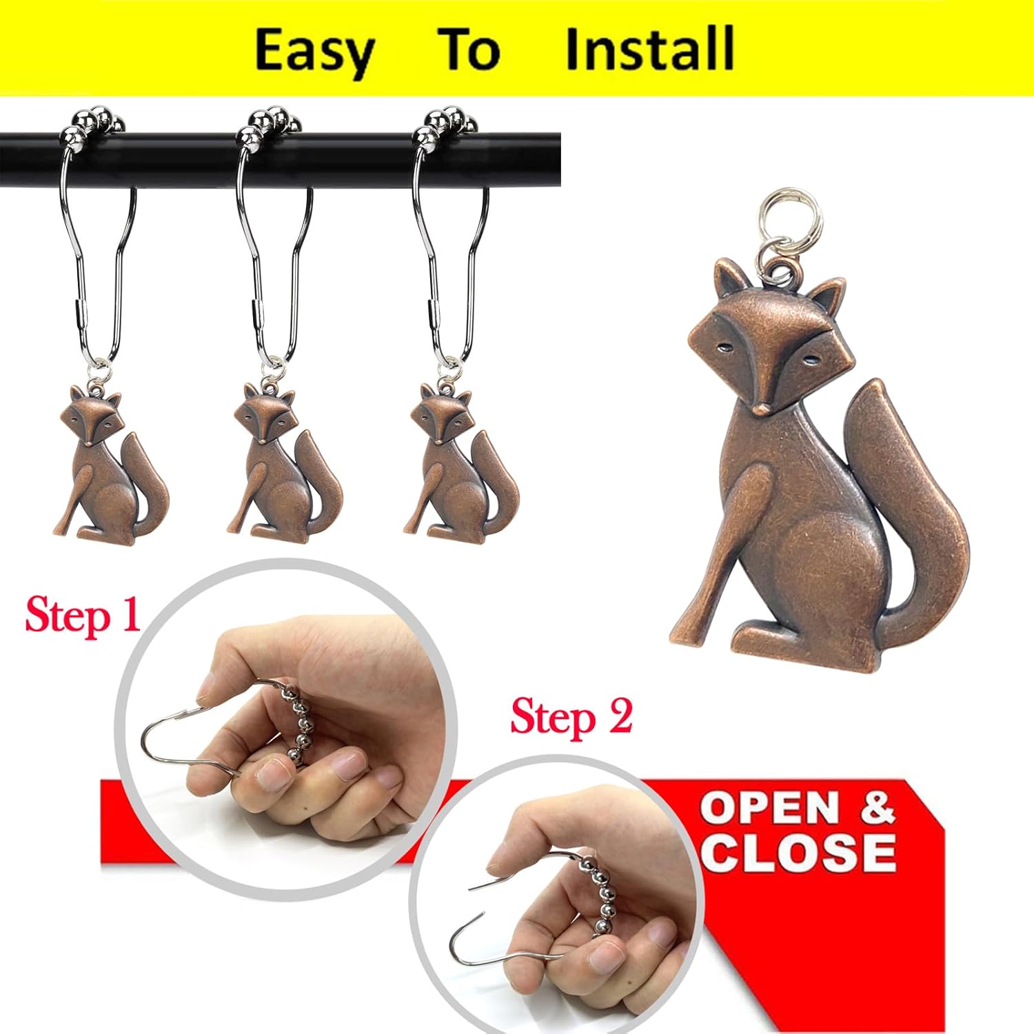 Juego de 12 ganchos para cortina de ducha, colgante de zorro, decoración temática de animales, accesorio de decoración de baño de casa, anillo de