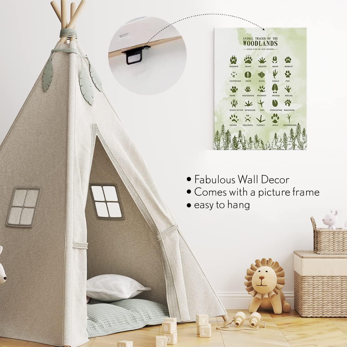 Pistas de animales de los bosques – Lienzo enmarcado para decoración de pared para sala de estar, dormitorio, arte de bosque, acuarela, lienzo