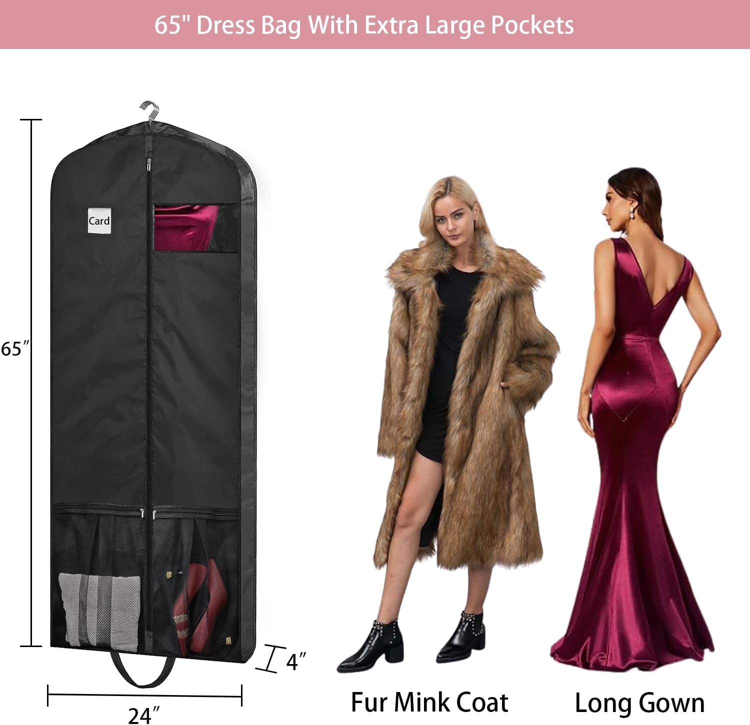 Bolsas de vestir para vestidos largos, bolsas de ropa de 65 pulgadas para colgar ropa, bolsas de vestir para almacenamiento en armario y viajes,