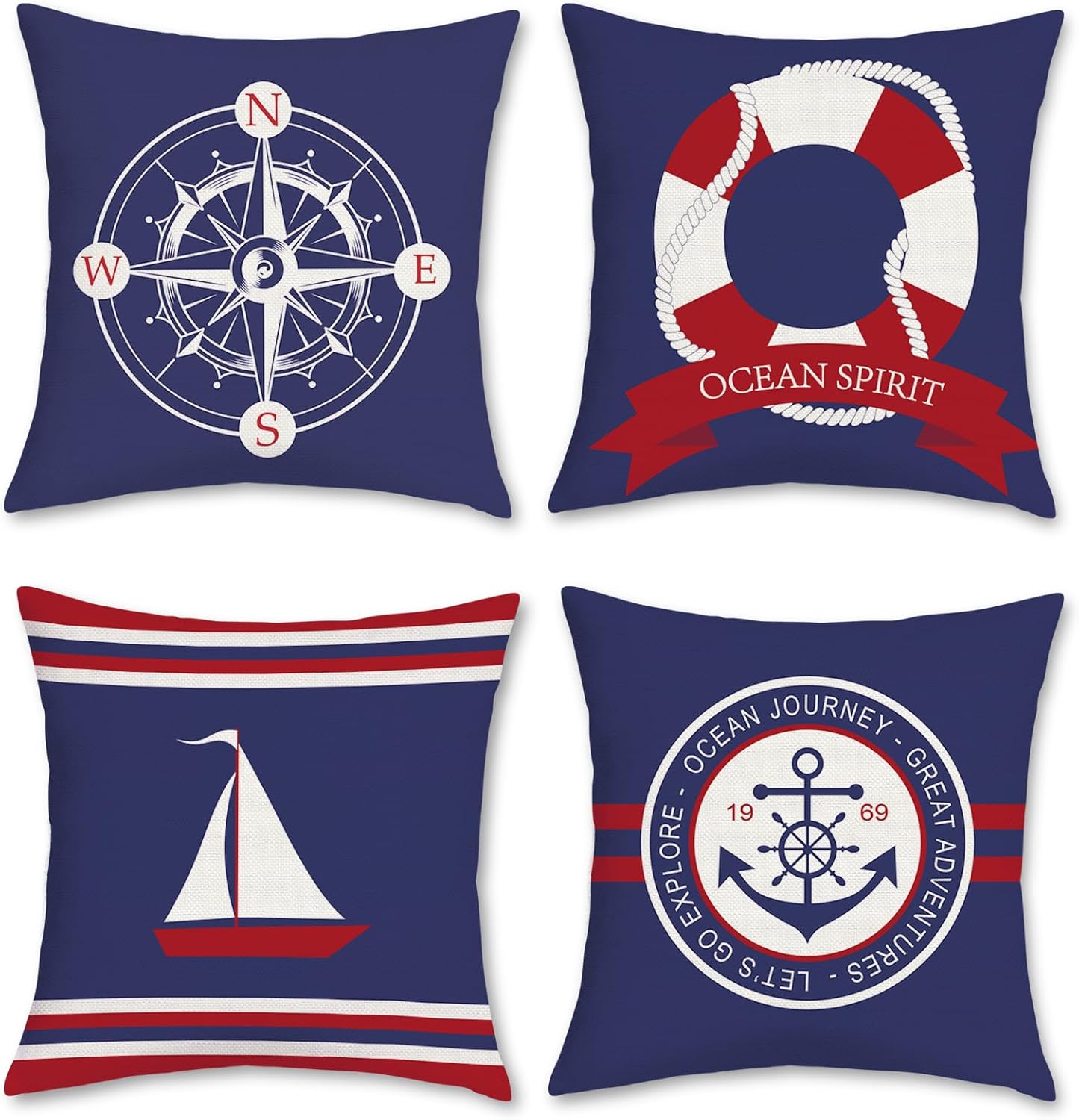 Bonhause Juego de 4 fundas de almohada de vela náutica de 18 x 18 pulgadas, de dos lados, azul marino, brújula, velero, fundas de almohada