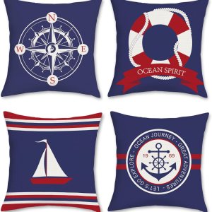 Bonhause Juego de 4 fundas de almohada de vela náutica de 18 x 18 pulgadas, de dos lados, azul marino, brújula, velero, fundas de almohada Bonhause Juego de 4 fundas de almohada de vela náutica de 18 x 18 pulgadas, de dos lados, azul marino, brújula, velero, fundas de almohada