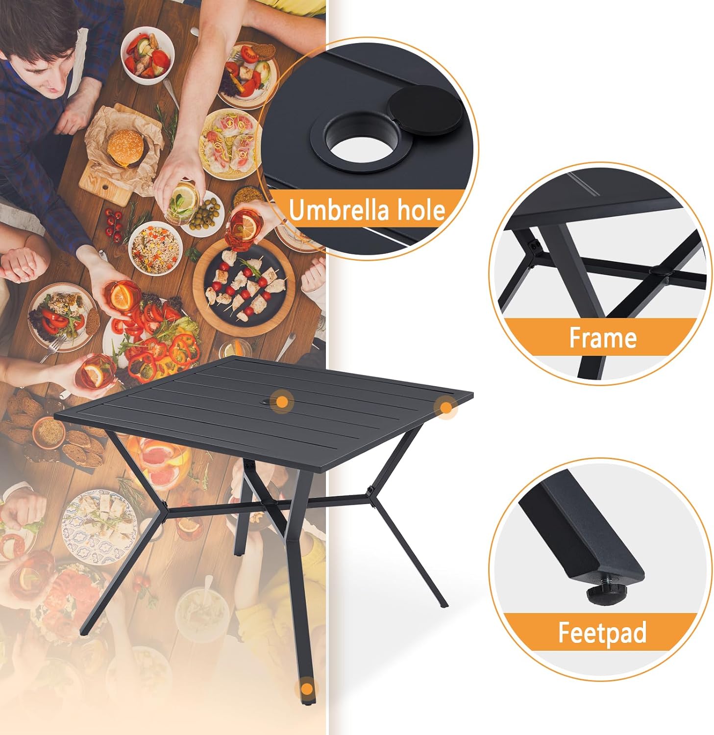 VICLLAX Juego de comedor de patio de 5 piezas, 1 mesa de comedor cuadrada con agujero para paraguas y 4 sillas plegables para patio al aire libre
