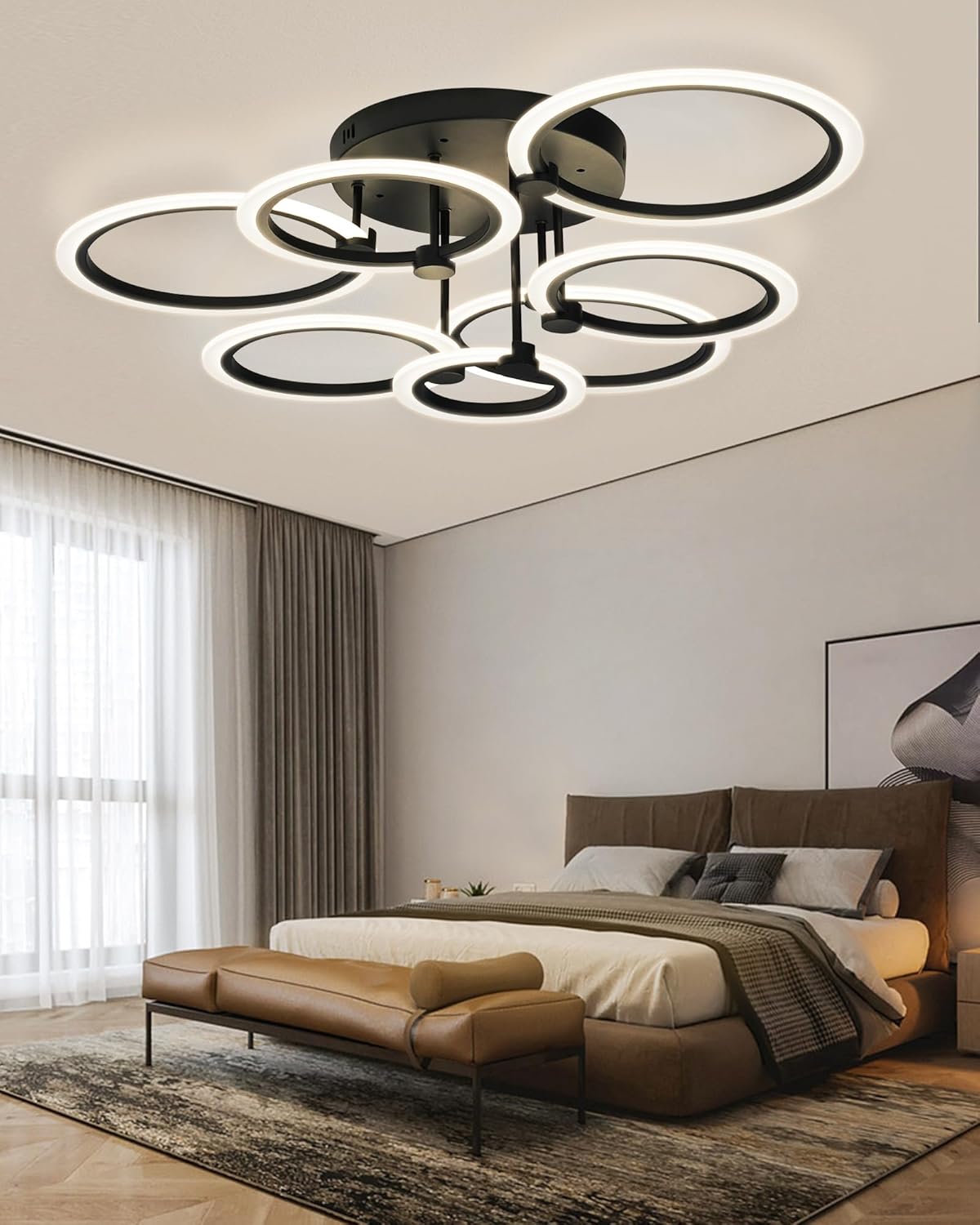 Lámpara de techo LED moderna de 7 anillos regulables con control remoto negro cerca de la luz de techo de 31.8 pulgadas, 130 W, 3000 K-6500 K,