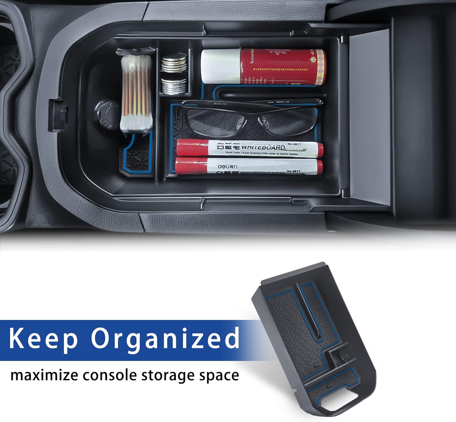 Bandeja organizadora de consola central compatible con Toyota RAV4 2023 2022 2021 2020 2019, accesorios para reposabrazos (borde azul)