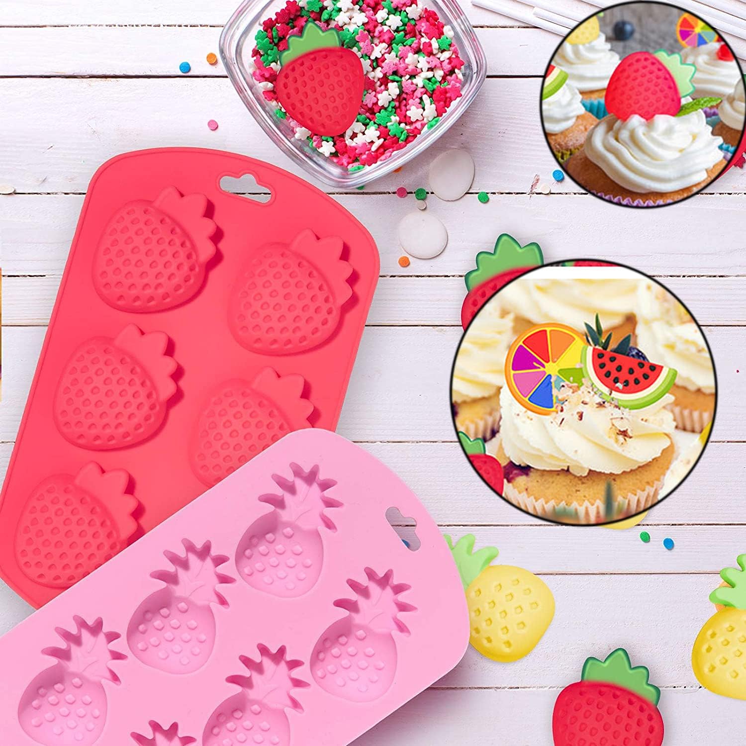 4 moldes de silicona en forma de fruta 3D piña, naranja, sandía, fresa, utilizado para bricolaje, pasteles, galletas, jabón, pudín de azúcar,