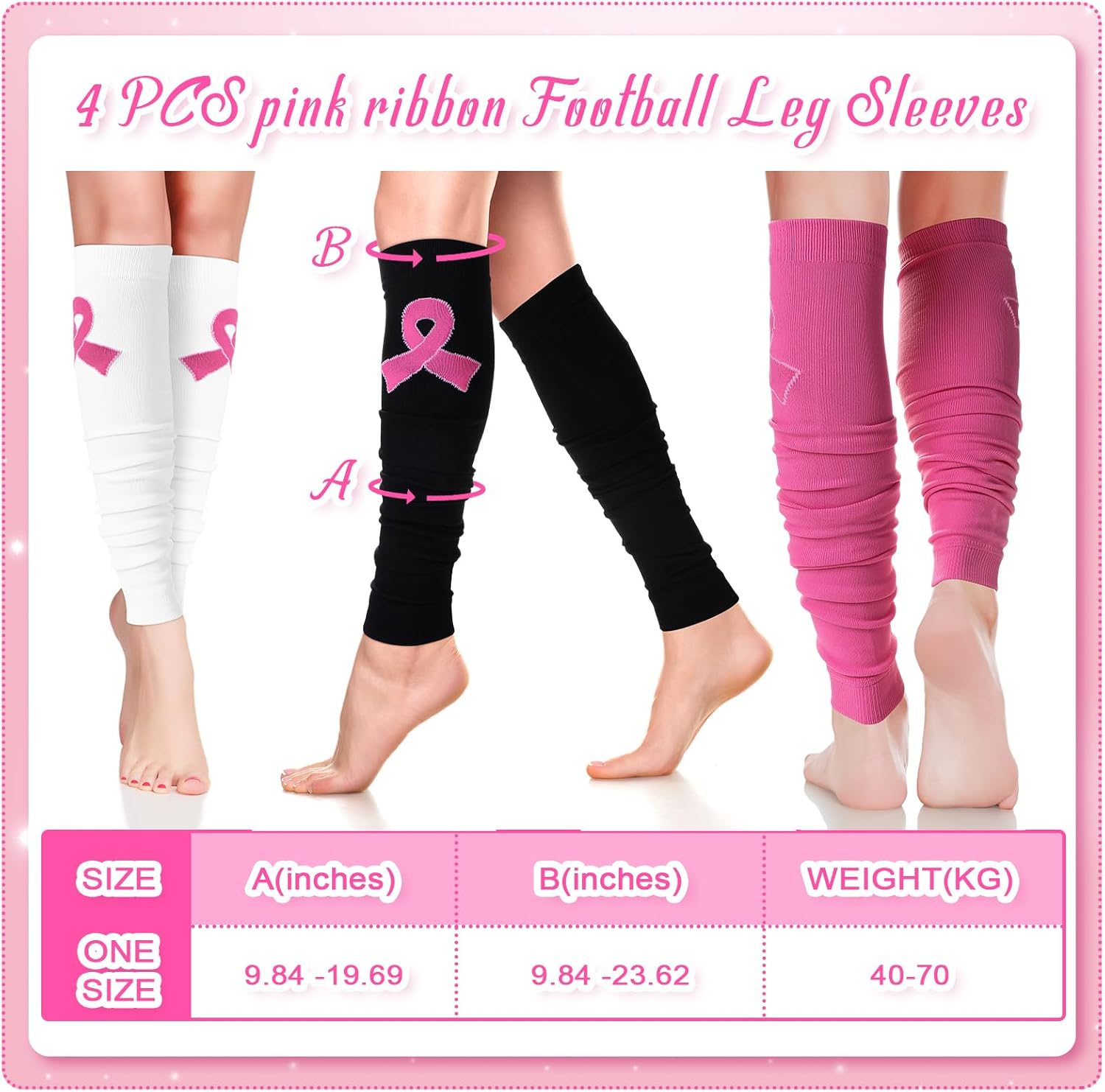 Hercicy 4 pares de mangas deportivas de compresión para niñas y niños, para concientización sobre el cáncer de mama, con cinta rosa