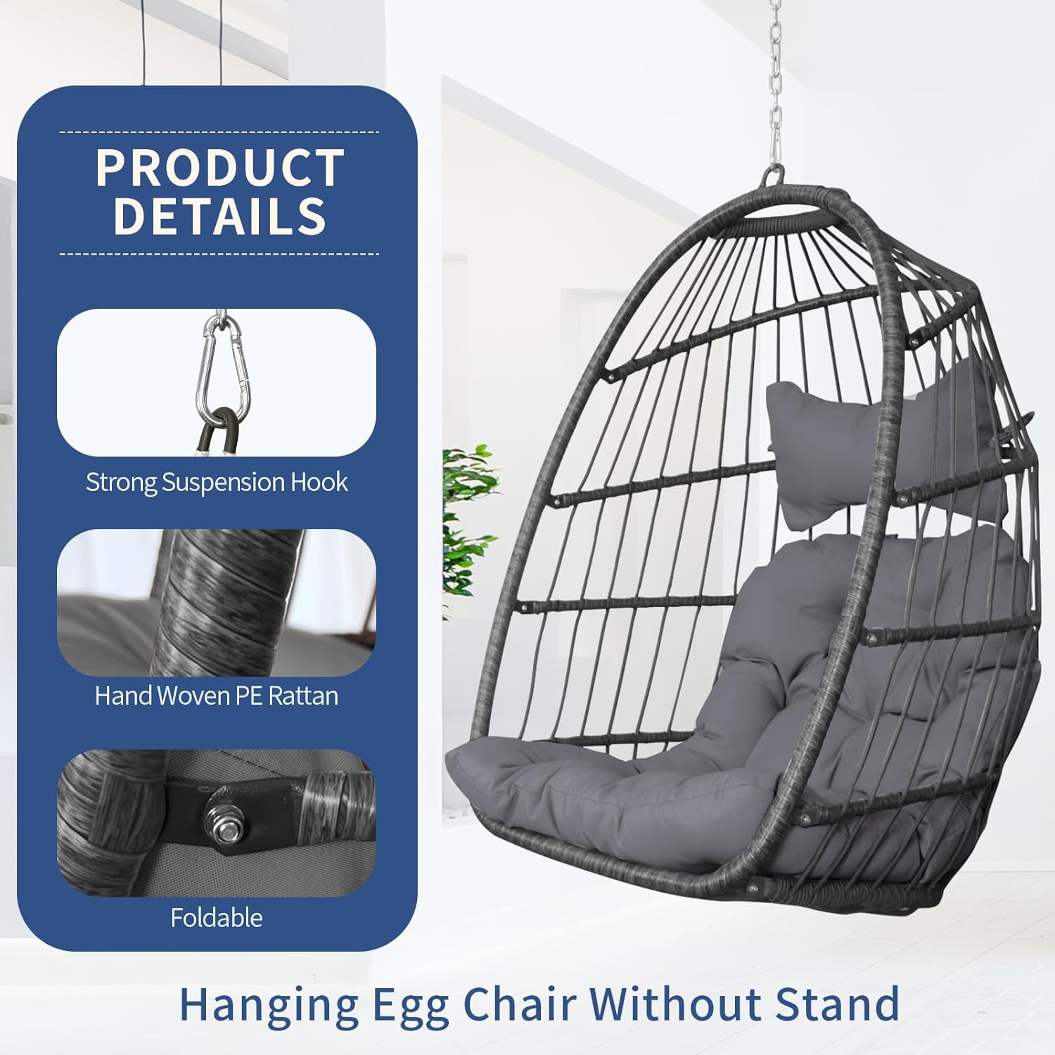 NICESOUL Silla colgante de mimbre para patio interior y exterior, hamaca con cesta de huevos, cojines resistentes a los rayos UV, capacidad de 265