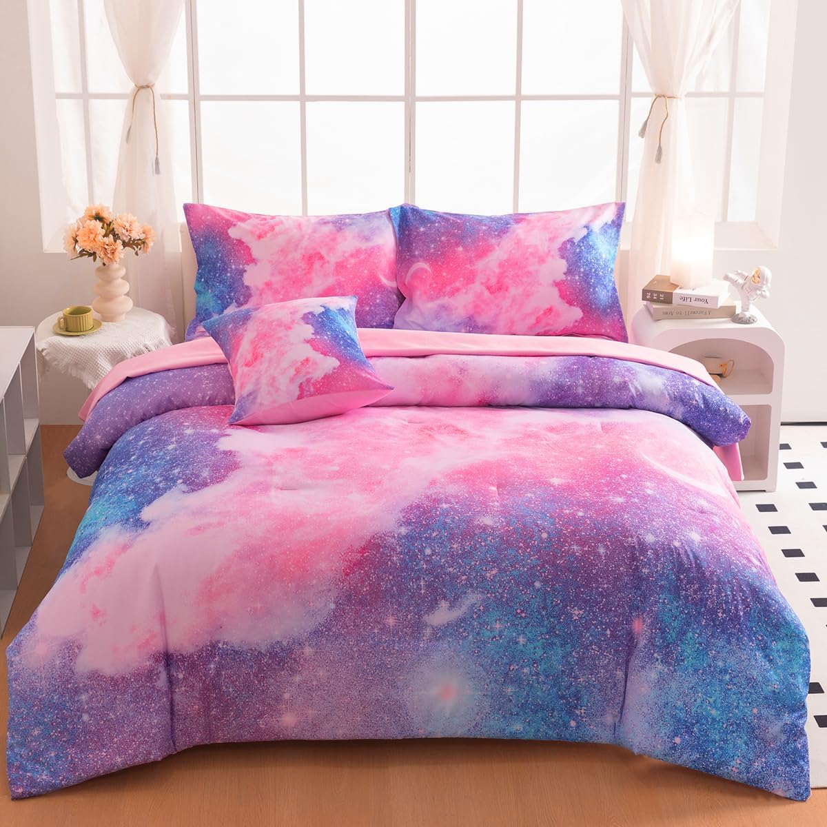 Galaxy – Juego de ropa de cama individual para niñas, juego de edredón de 6 piezas con sábanas, juego de ropa de cama con purpurina rosa y morado
