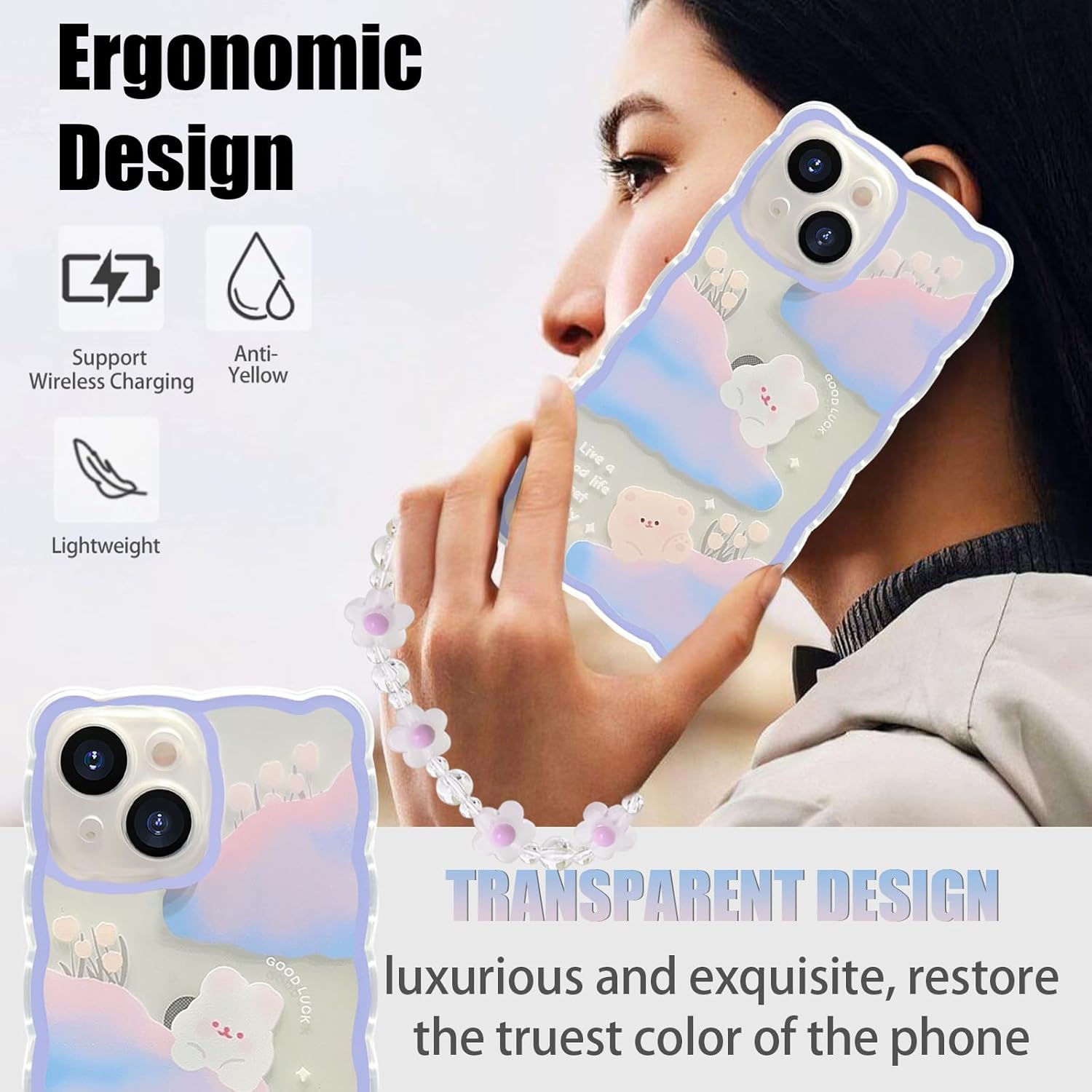 Funda compatible con iPhone 15, diseño de conejito de oso con diseño de cadena para mujeres y niñas, funda delgada y suave de TPU transparente para