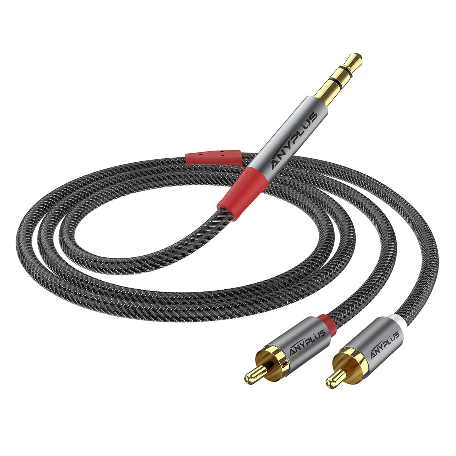 ANYPLUS 2RCA a 0.138 in, 1M 18 a RCA 2-Macho Cable trenzado de alambre de pescado Cable auxiliar RCA para Smartphone, tableta, HDTV o altavoz