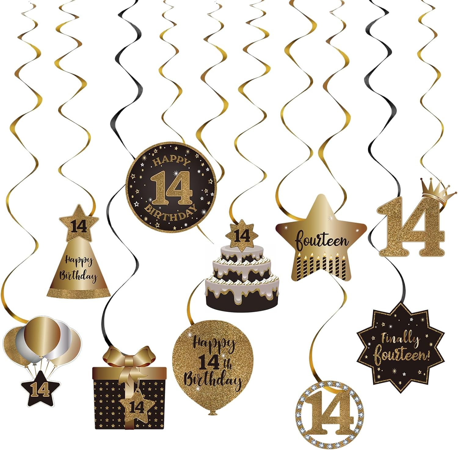 Decoración de techo de remolinos colgantes para fiesta de cumpleaños número 14, celebración, 14 espirales colgantes de papel de aluminio con